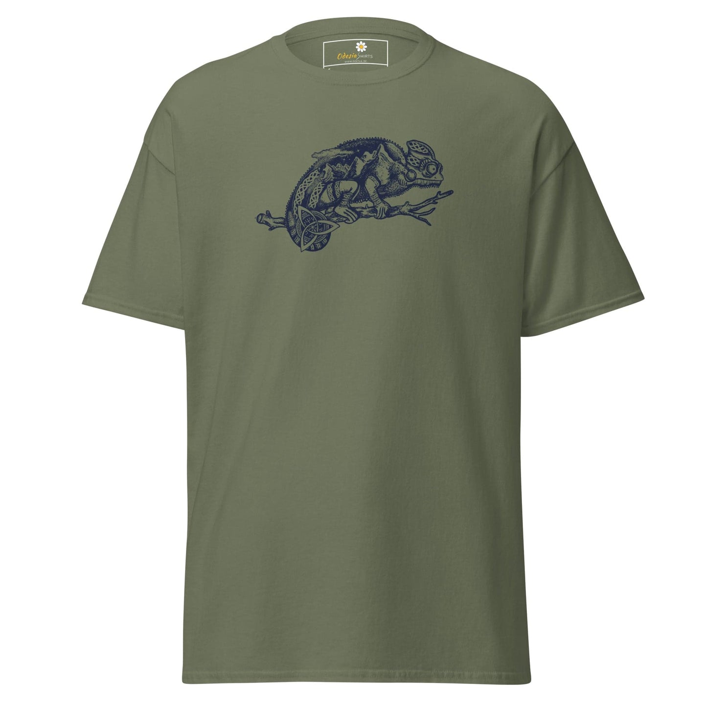 Olive green T-shirt with chameleon graphic for Men and Women in size S to XL