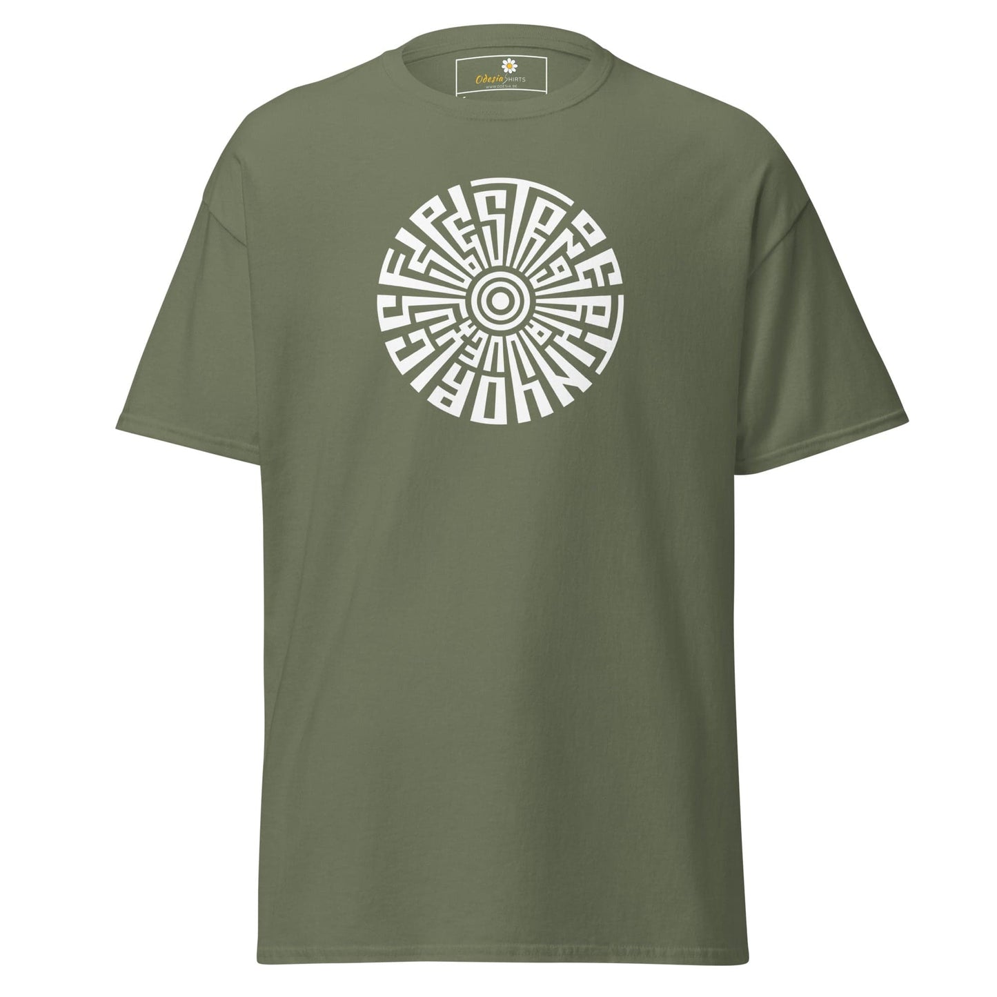 Olive green t-shirt with circular design for men and women in sizes S to XL