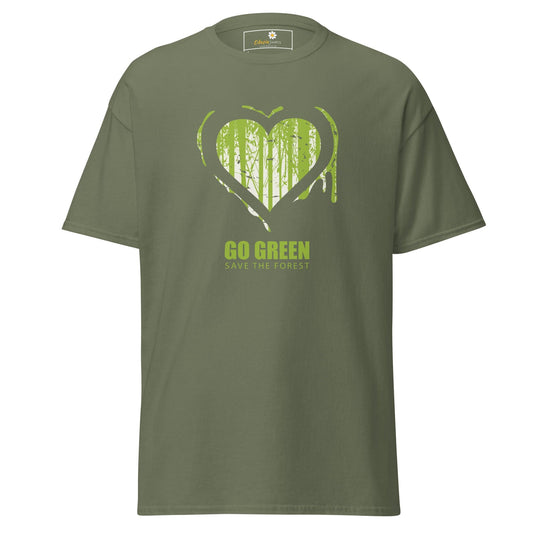 Olive green T-shirt with heart-shaped forest graphic for men and women in sizes S to XL
