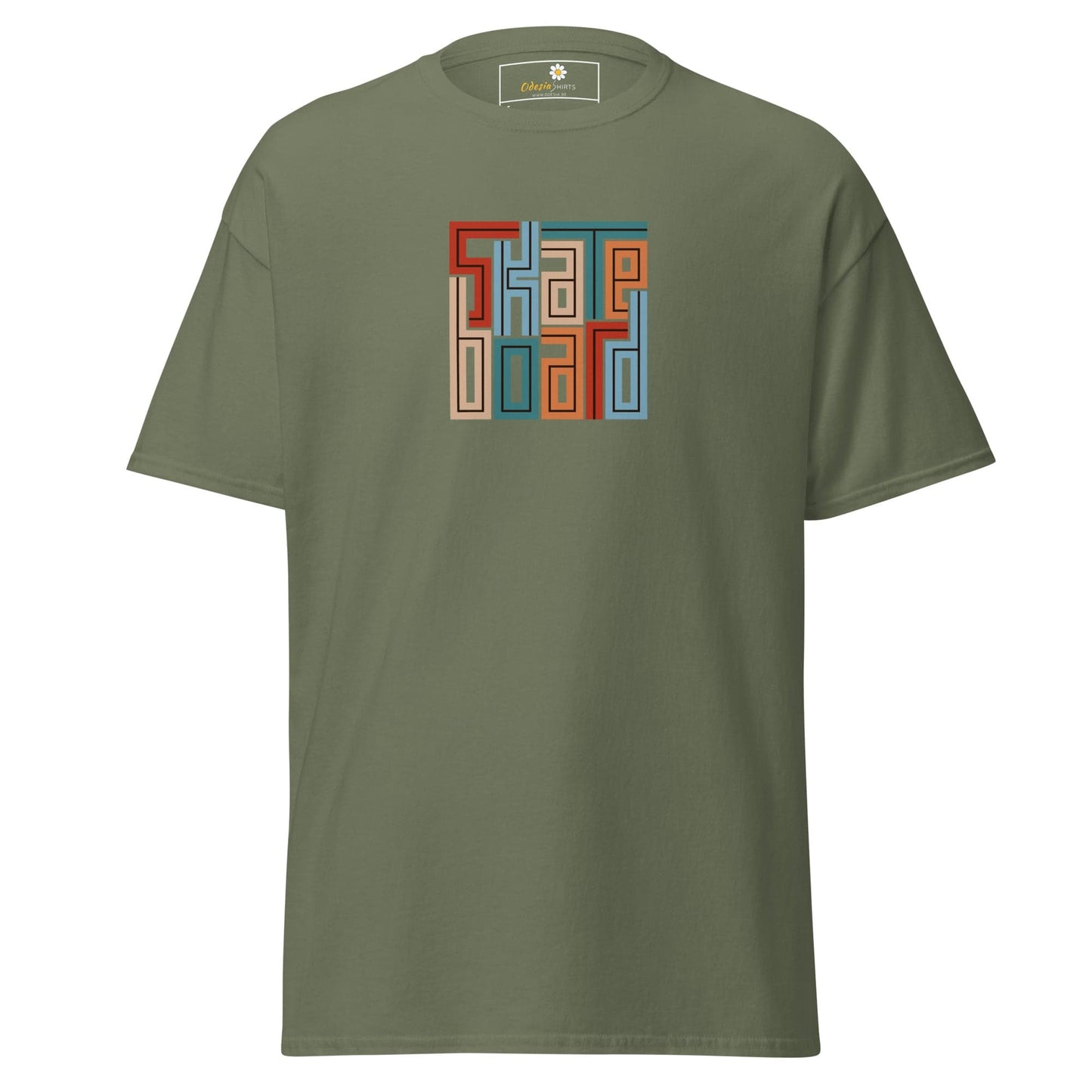 Olive green T-shirt with Skateboard graphic, available in S to XL sizes for men and women