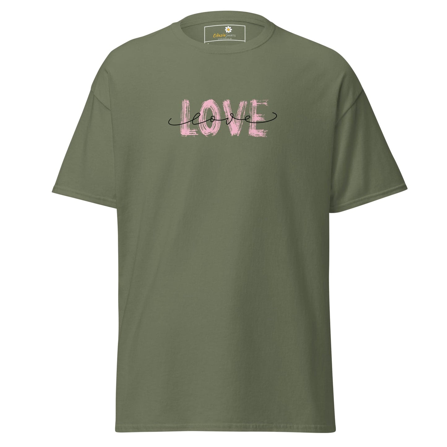 Olive green T-shirt with LOVE design for men and women in sizes S to XL