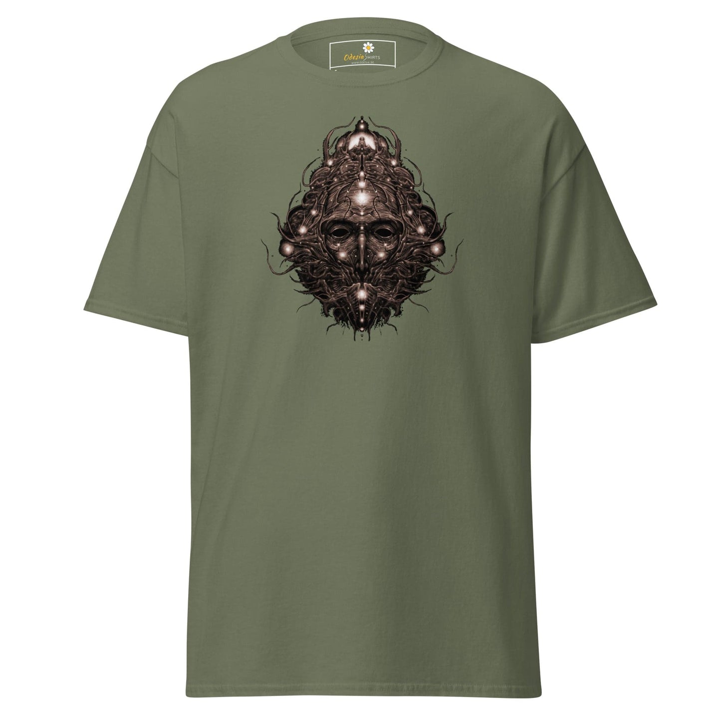 Olive green T-shirt featuring a face graphic, available in S to XL sizes for men and women