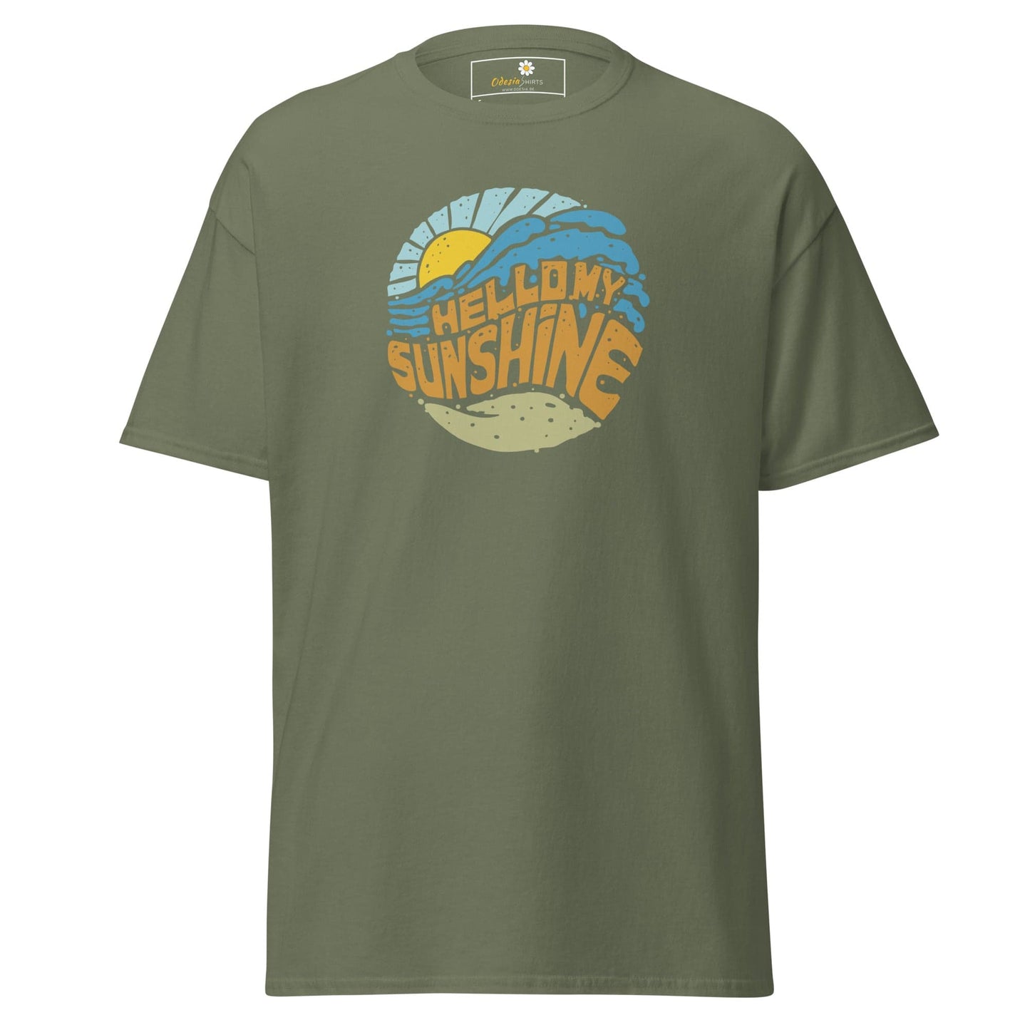 Olive green T-shirt with sun and wave graphic for men and women in sizes S to XL