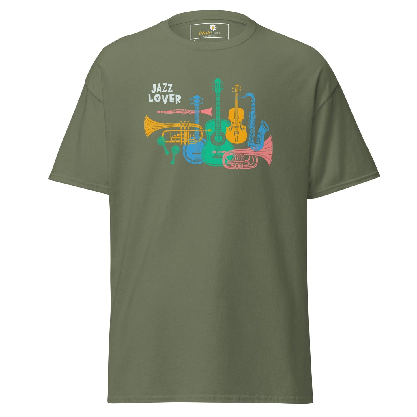 Olive green T-shirt with jazz instrument graphic, suitable for men and women, sizes S to XL