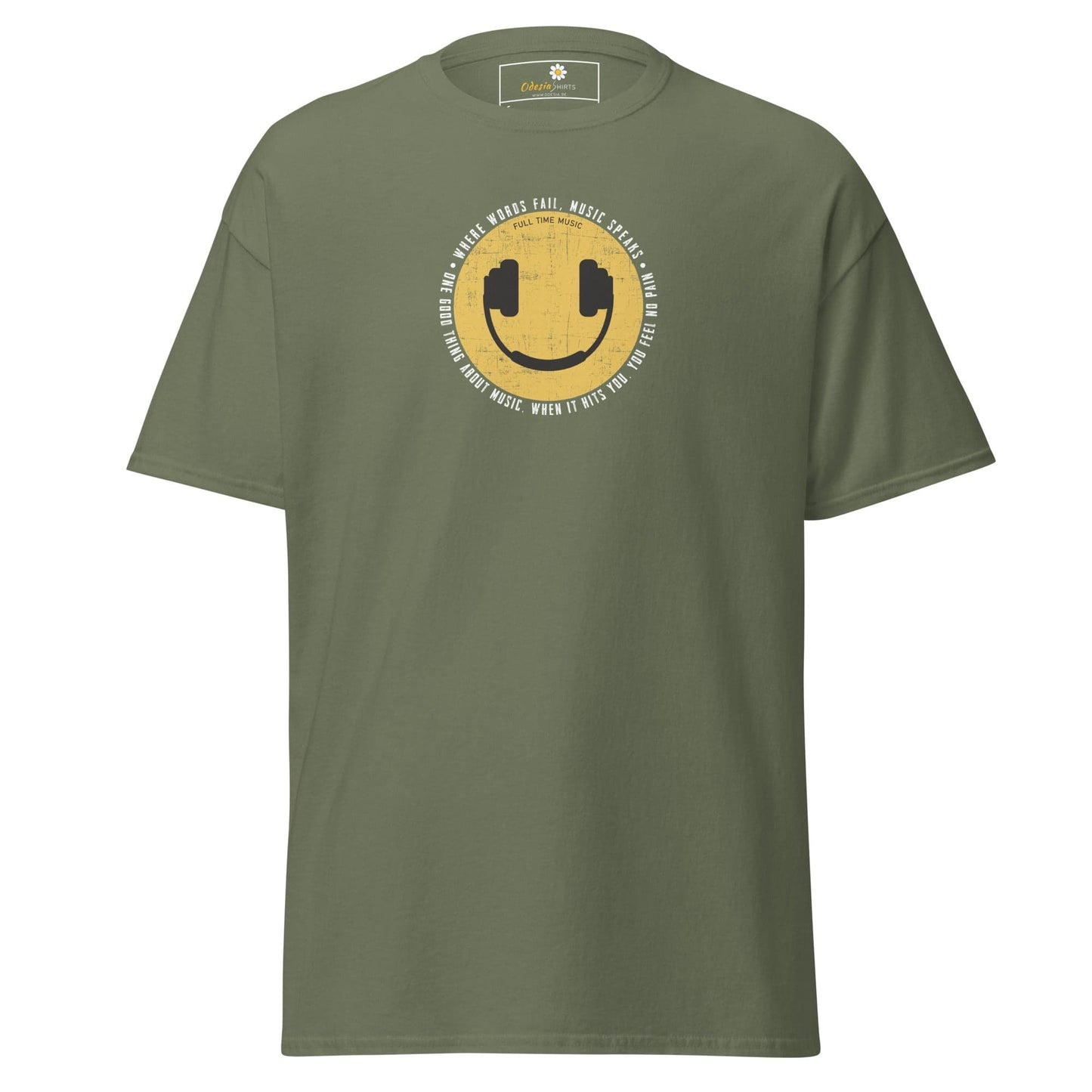 Olive green T-shirt with smiley face design for men and women in sizes S to XL