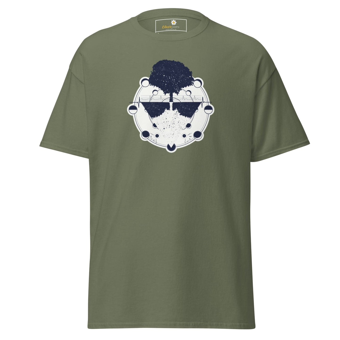 Olive green T-shirt featuring tree and moon phases graphic for men and women in sizes S to XL