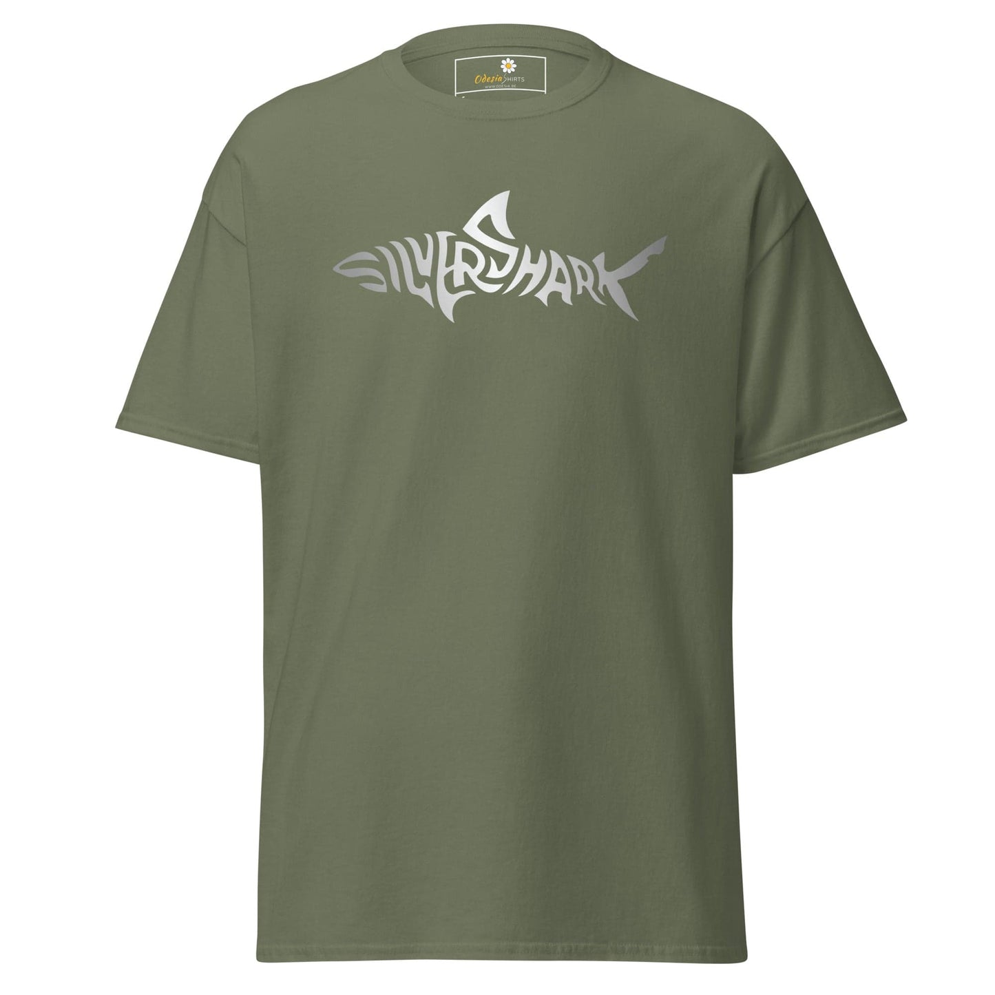 Olive green T-shirt with shark graphic for men and women in size S to XL