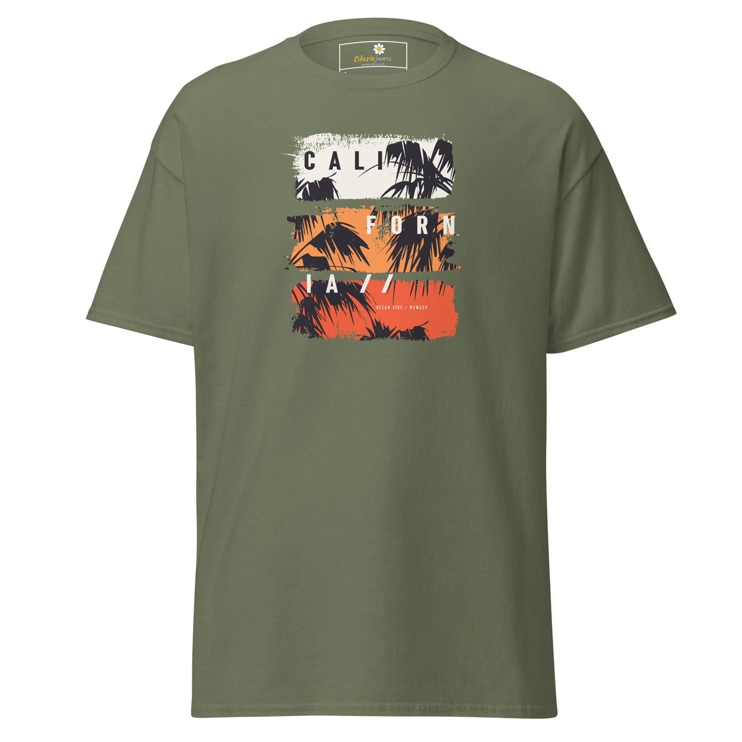 Olive green T-shirt with California graphic for men and women in sizes S to XL