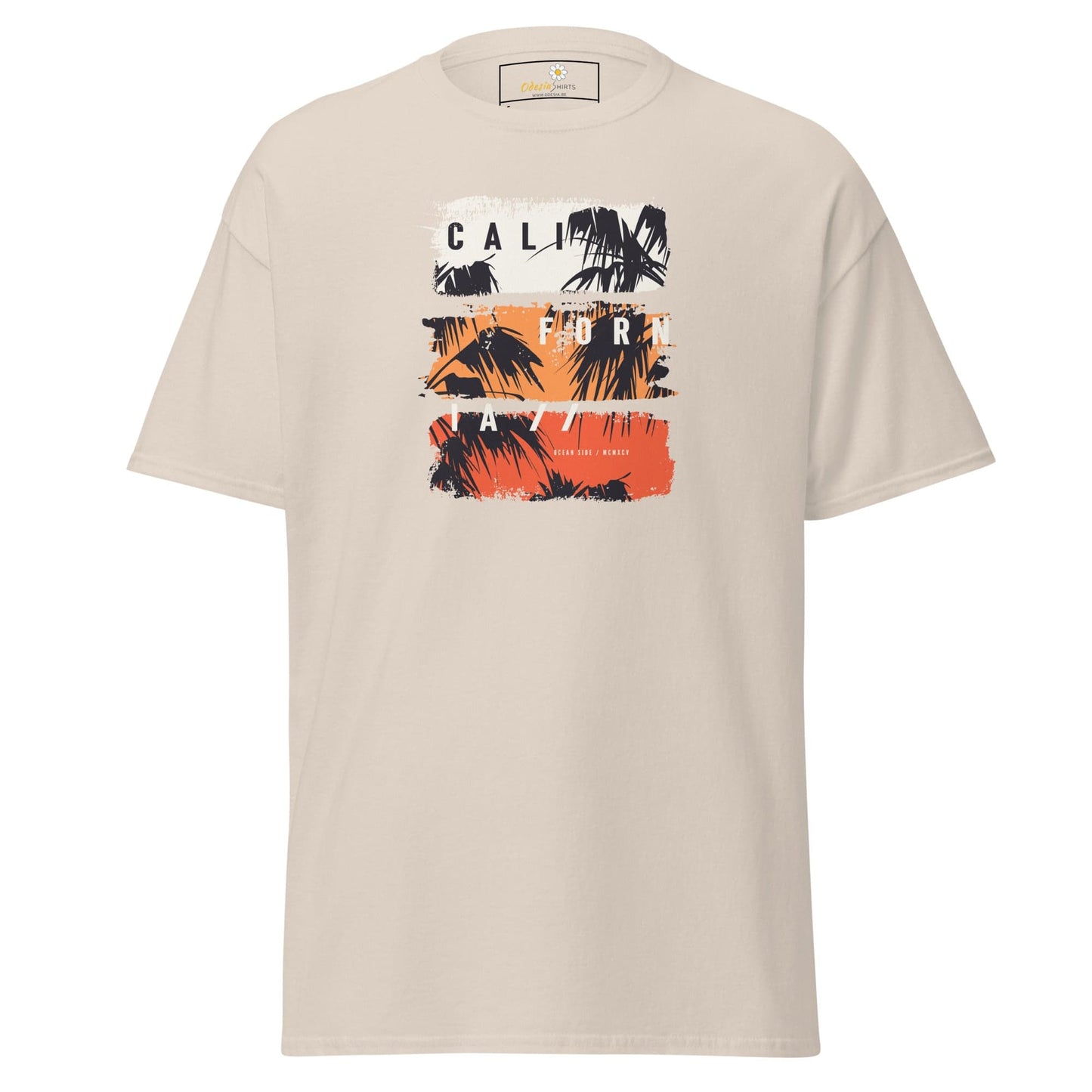Beige T-shirt with California graphic front view for men and women available in sizes S to XL