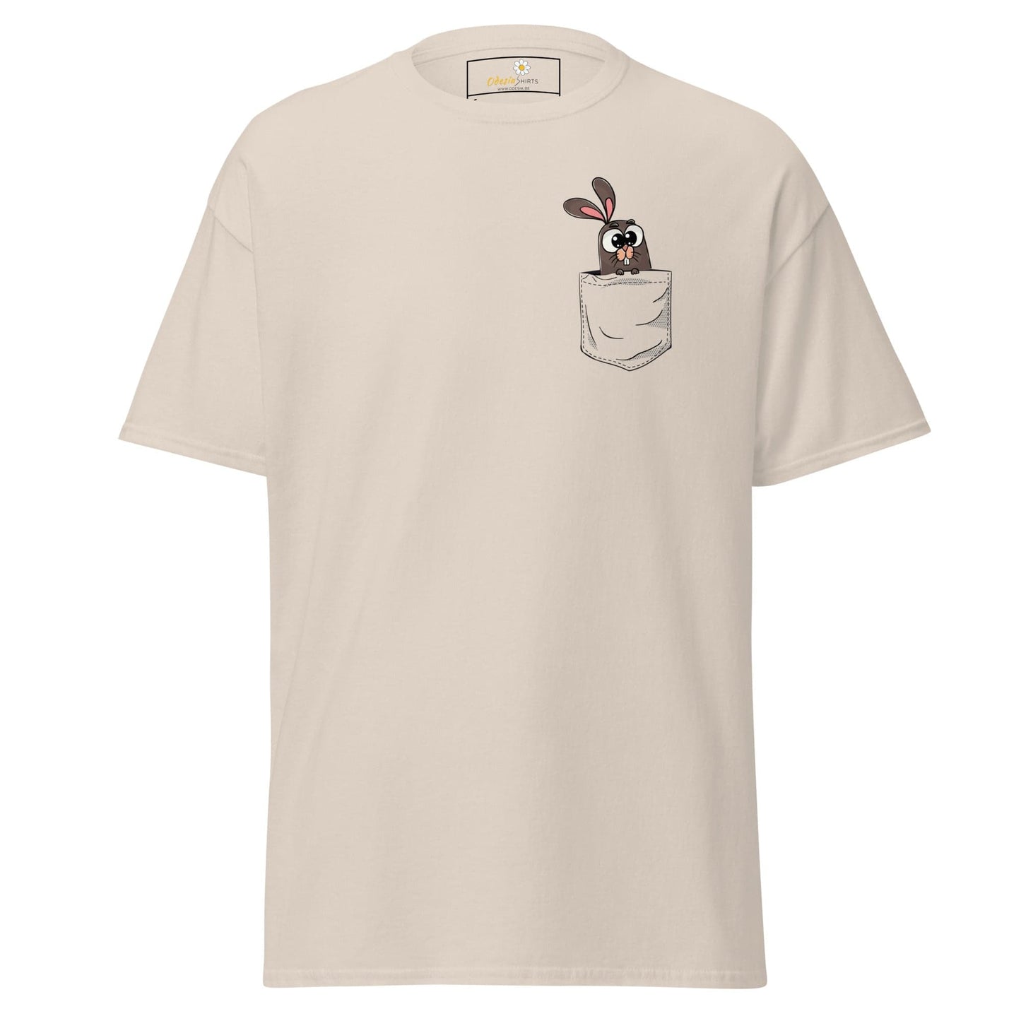 Beige T-shirt with cartoon bunny pocket for Men and Women in S to XL sizes