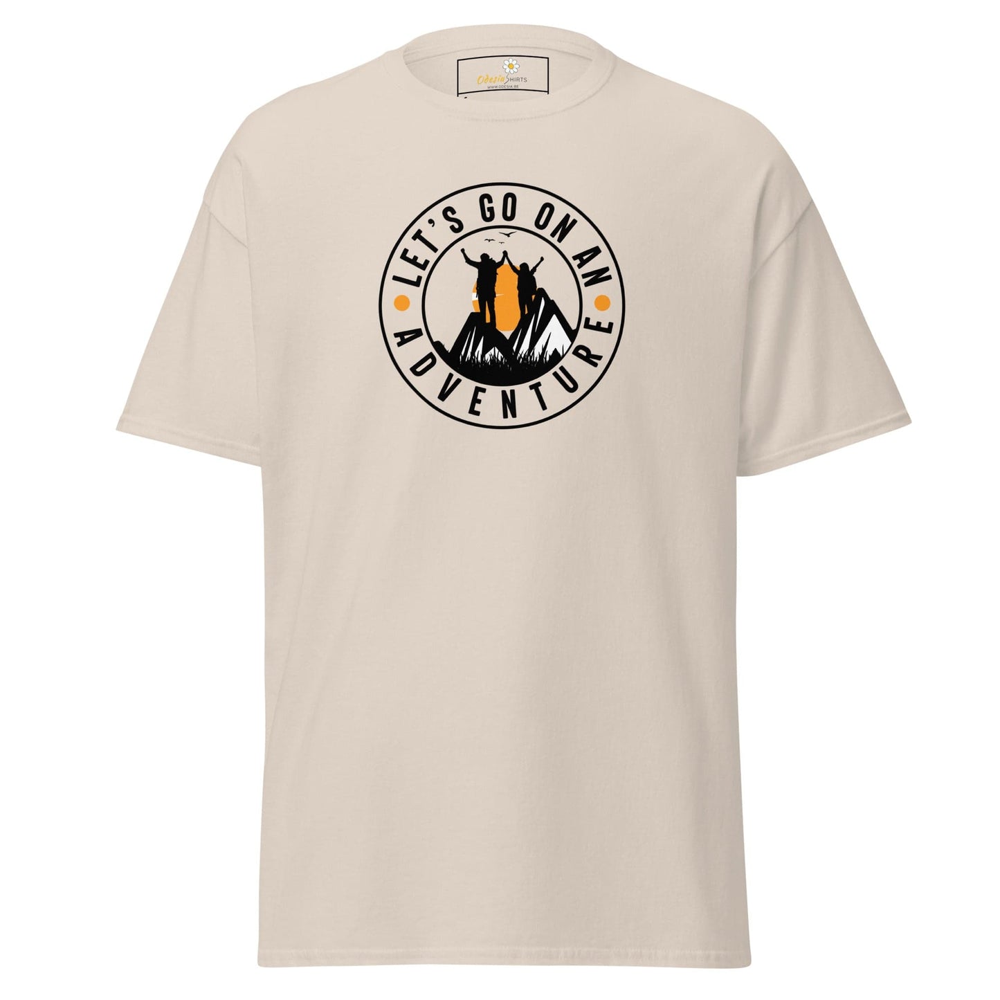 Beige T-shirt with adventure graphic for Men and Women in sizes S to XL