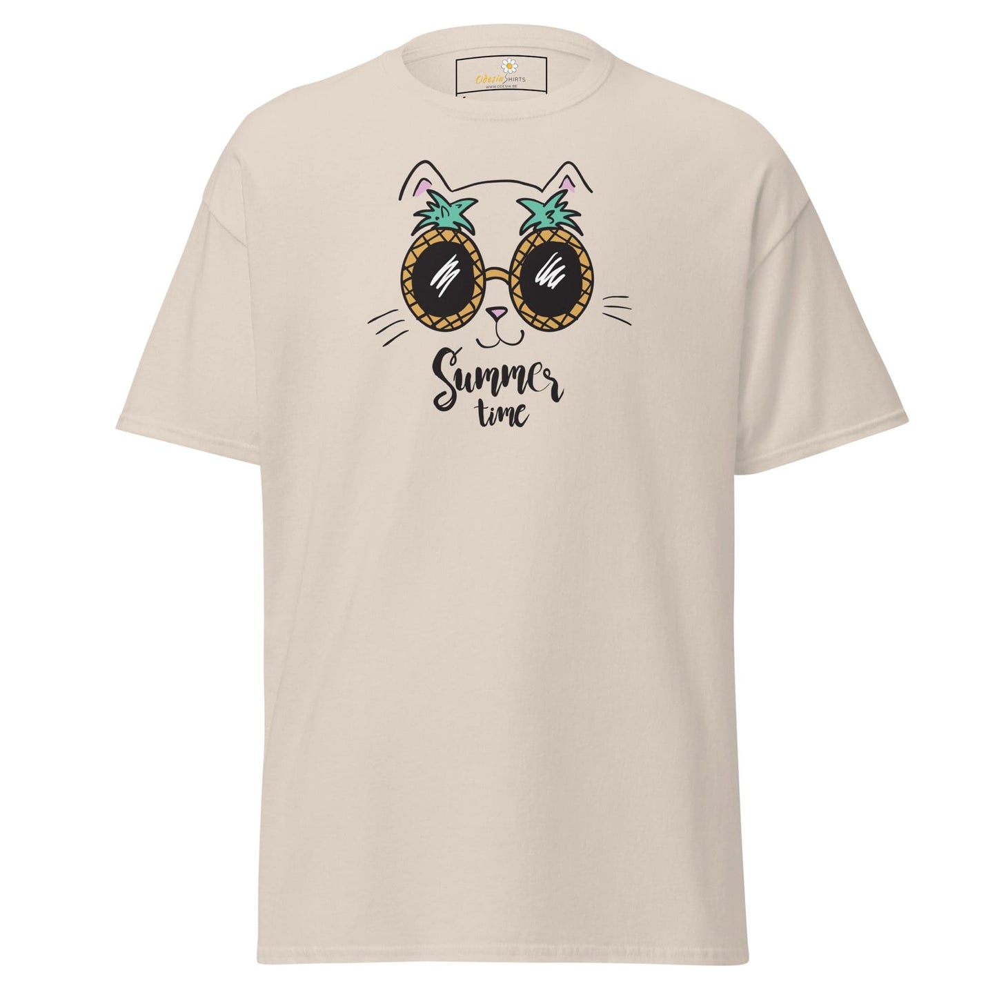 Beige T-shirt featuring a cat wearing pineapple sunglasses for men and women, sizes S to XL
