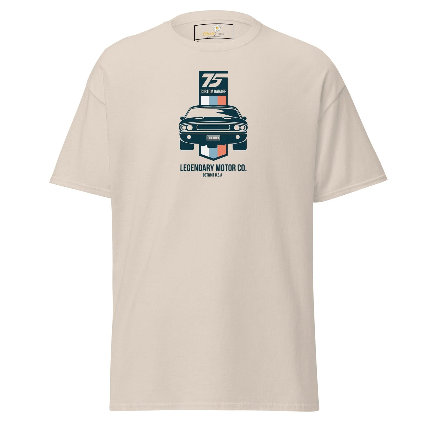 Beige T-shirt with a car graphic available in men’s and women’s sizes S to XL