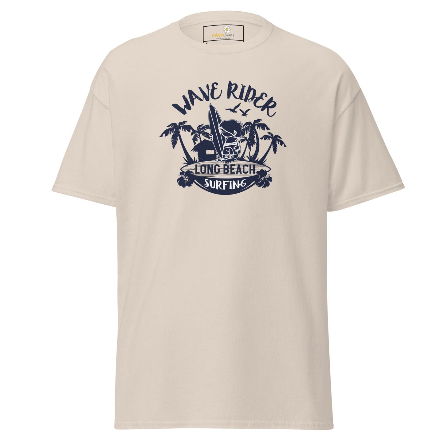 Beige T-shirt with surfing graphic for Men and Women available in sizes S to XL