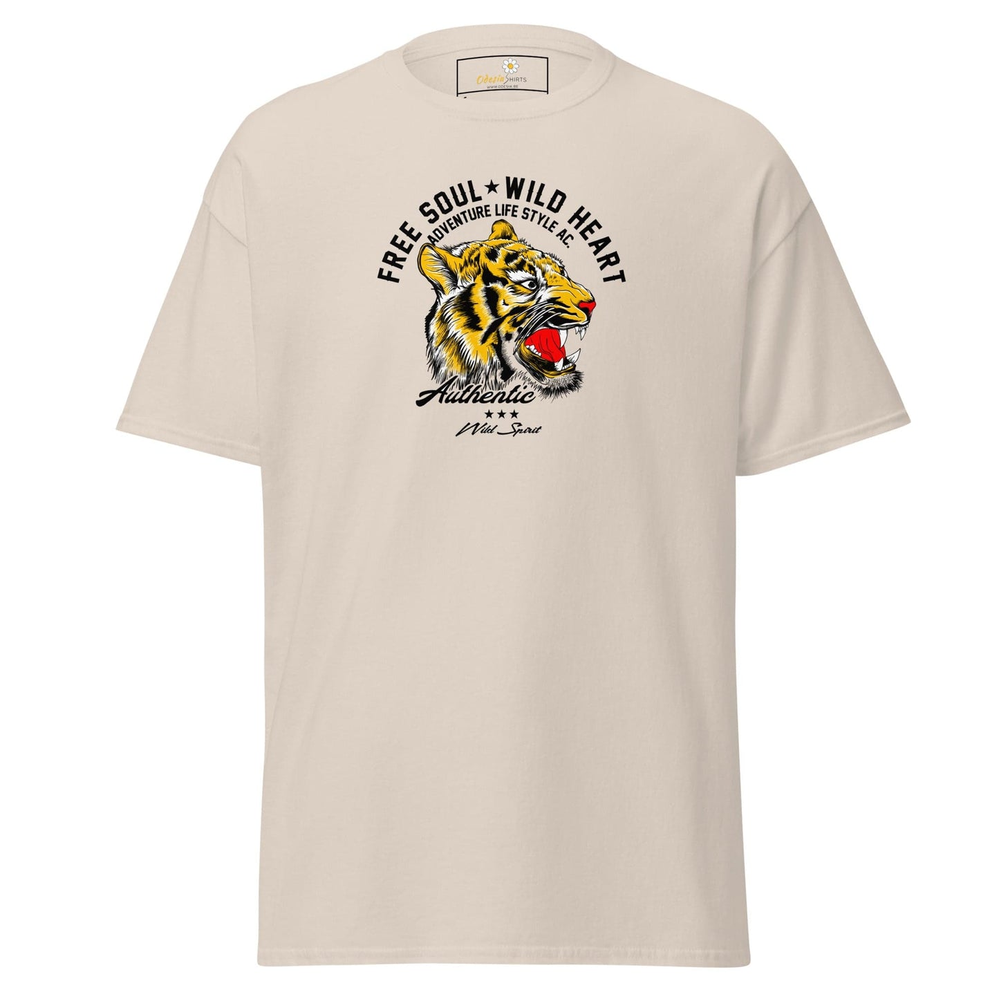 Beige T-shirt with tiger graphic for men and women available in sizes S to XL