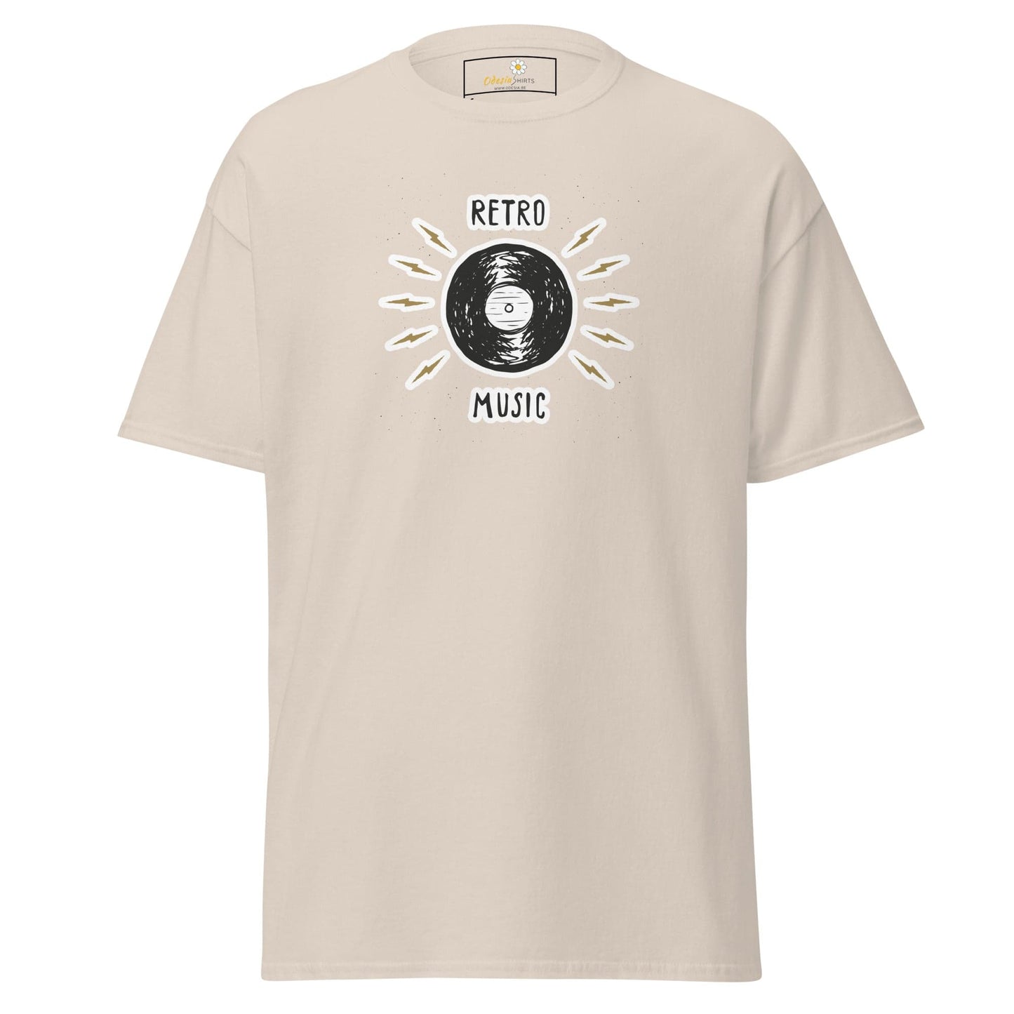 Beige T-shirt with retro music graphic for men and women, available in sizes S to XL