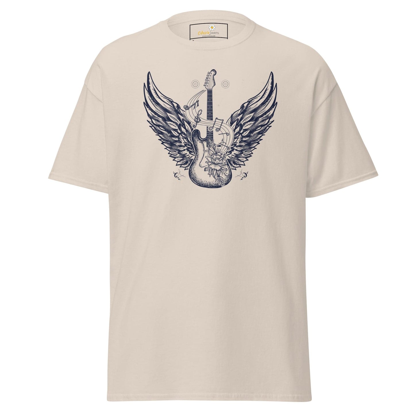 Beige T-shirt with guitar and wings graphic for men and women size S to XL