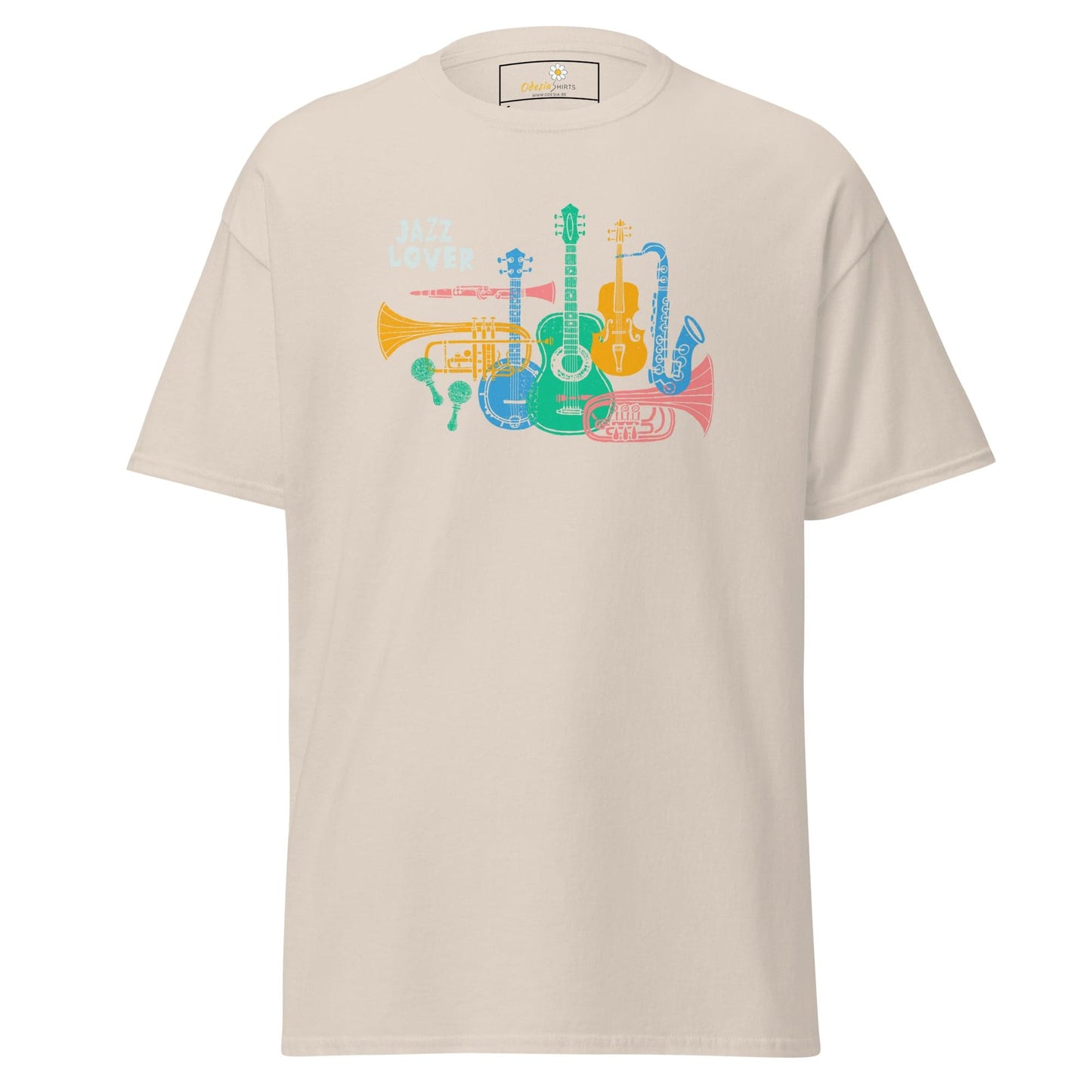 Beige T-shirt with colorful musical instrument design for men and women, available in S to XL