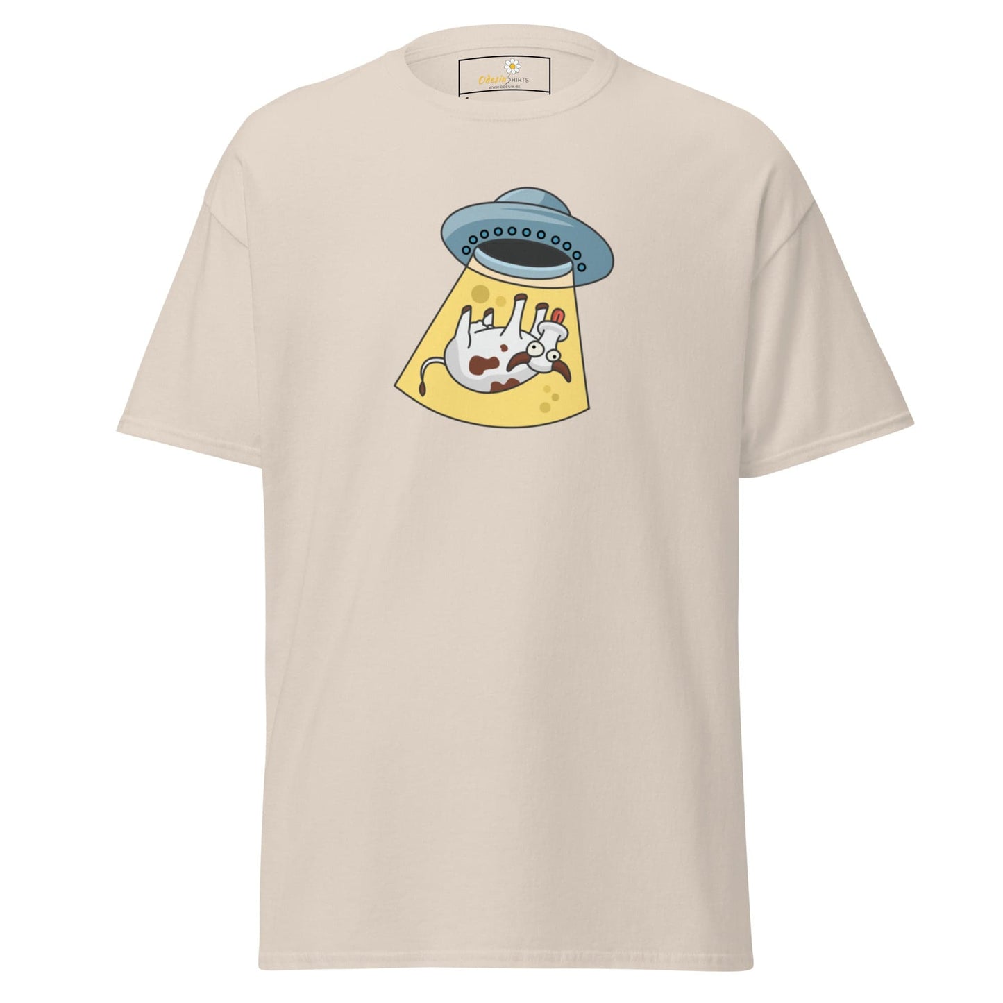 Beige T-shirt displaying alien abduction graphic, suitable for men and women S to XL