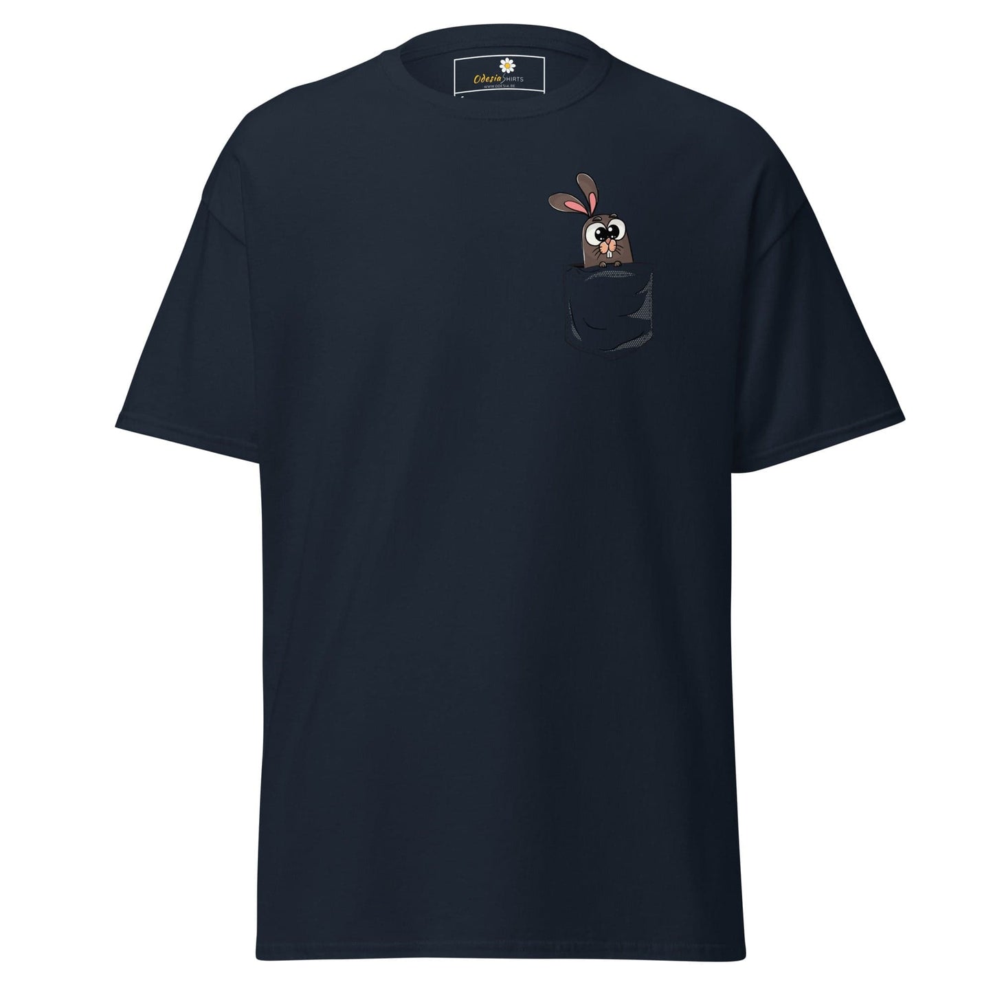 Navy blue T-shirt with cartoon bunny in pocket for men and women, available in size S to XL