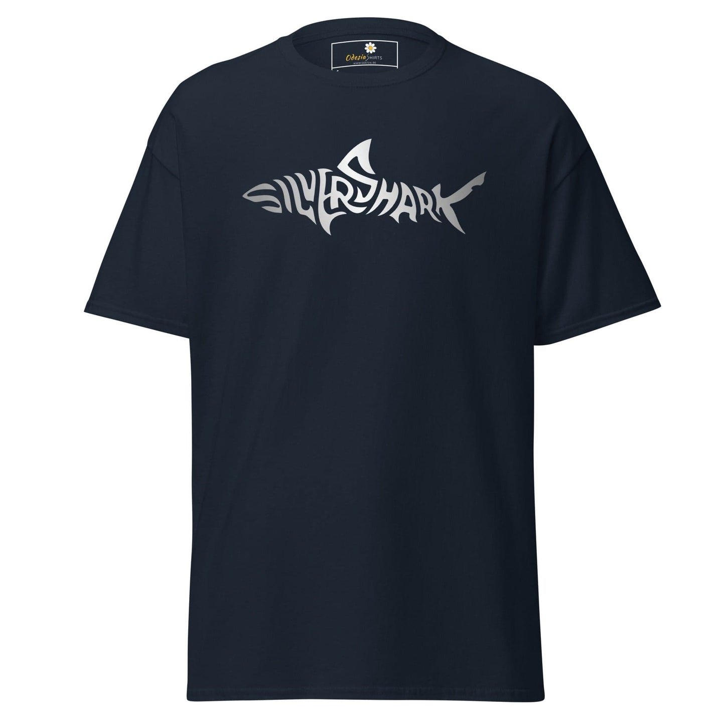 Navy blue t-shirt with silver shark graphic for men and women in sizes S to XL