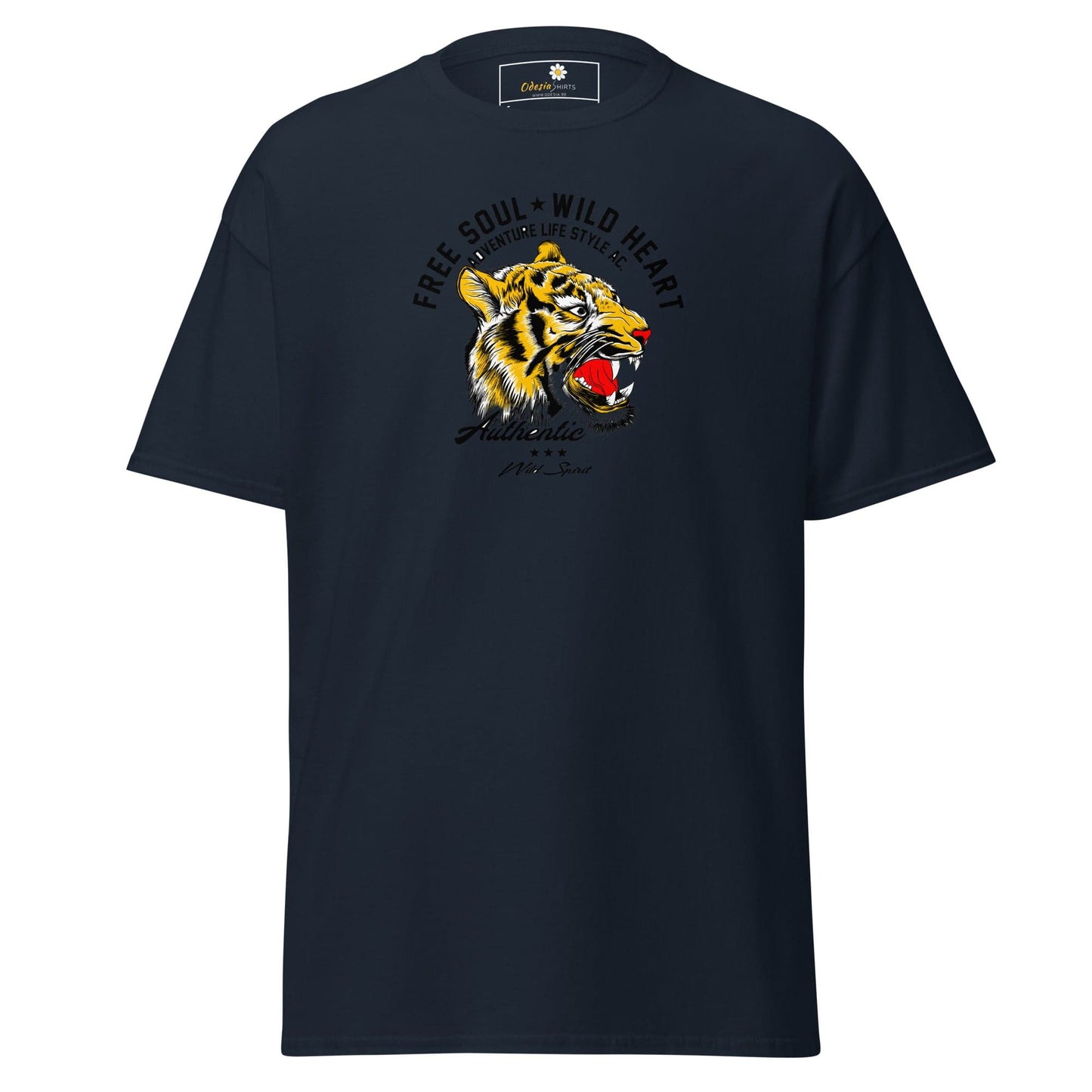Navy blue T-shirt with a tiger graphic, available in S to XL for men and women