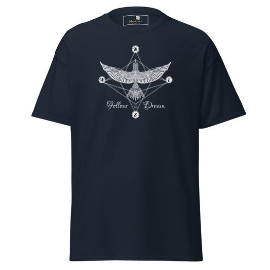 Navy blue T-shirt featuring a bird design, suitable for men and women, available in S to XL sizes