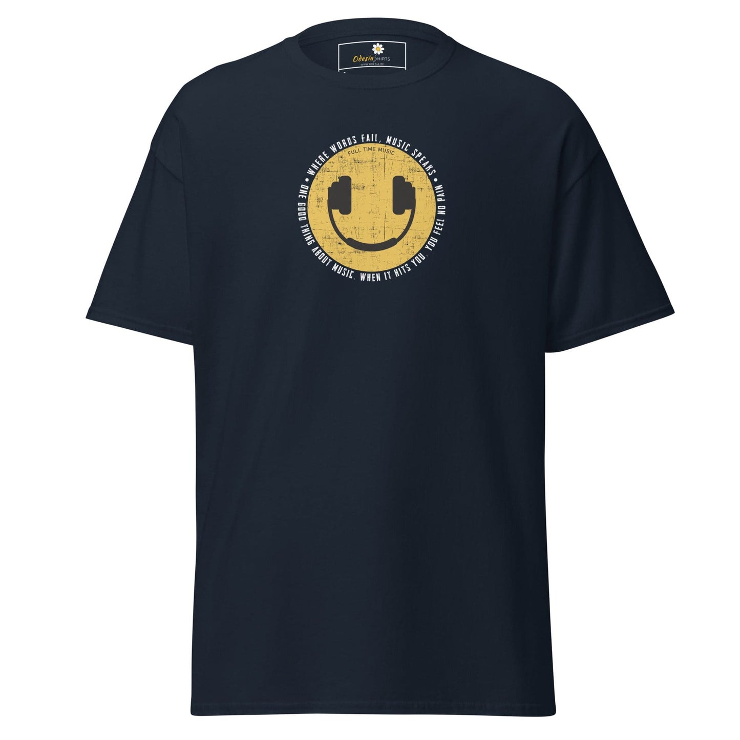 Navy T-shirt with smiley face and headphones for men and women, available in sizes S to XL