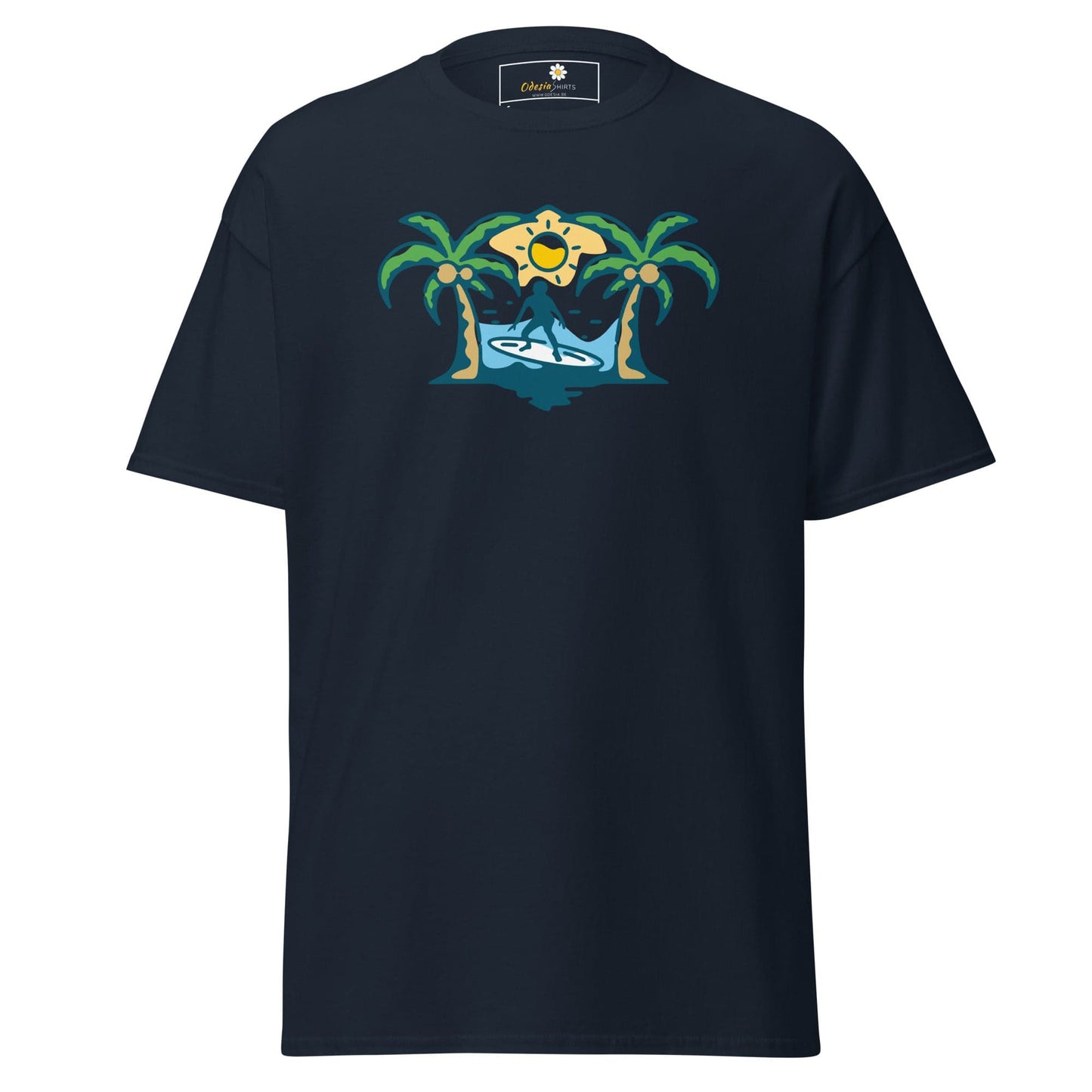 Navy blue T-shirt with tropical graphic for men and women in sizes S to XL