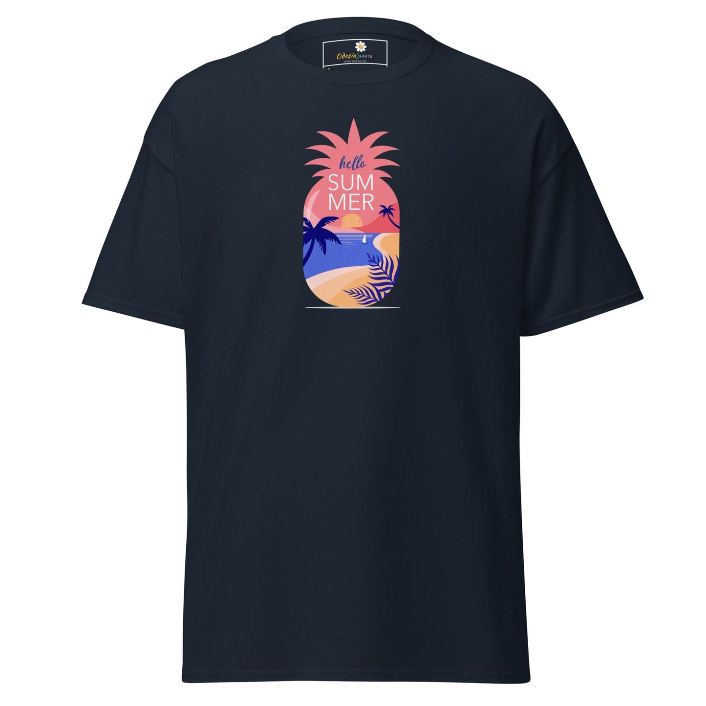 Navy blue T-shirt with pineapple graphic for men and women in S to XL sizes