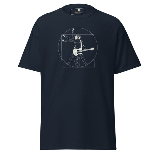Navy blue T-shirt featuring Vitruvian Man guitar player design for Men and Women sizes S to XL