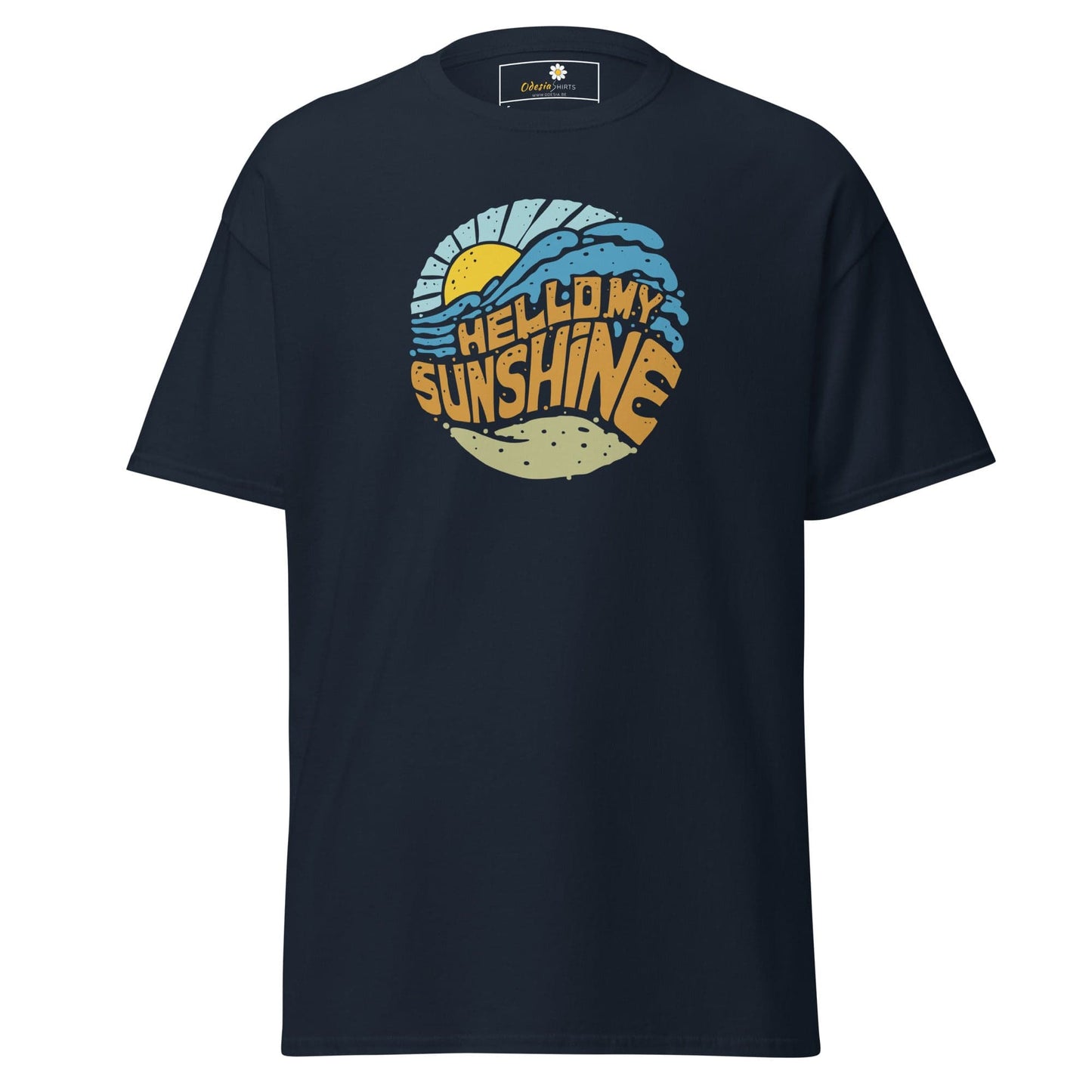 Navy blue T-shirt with Hello My Sunshine graphic for men and women in sizes S to XL