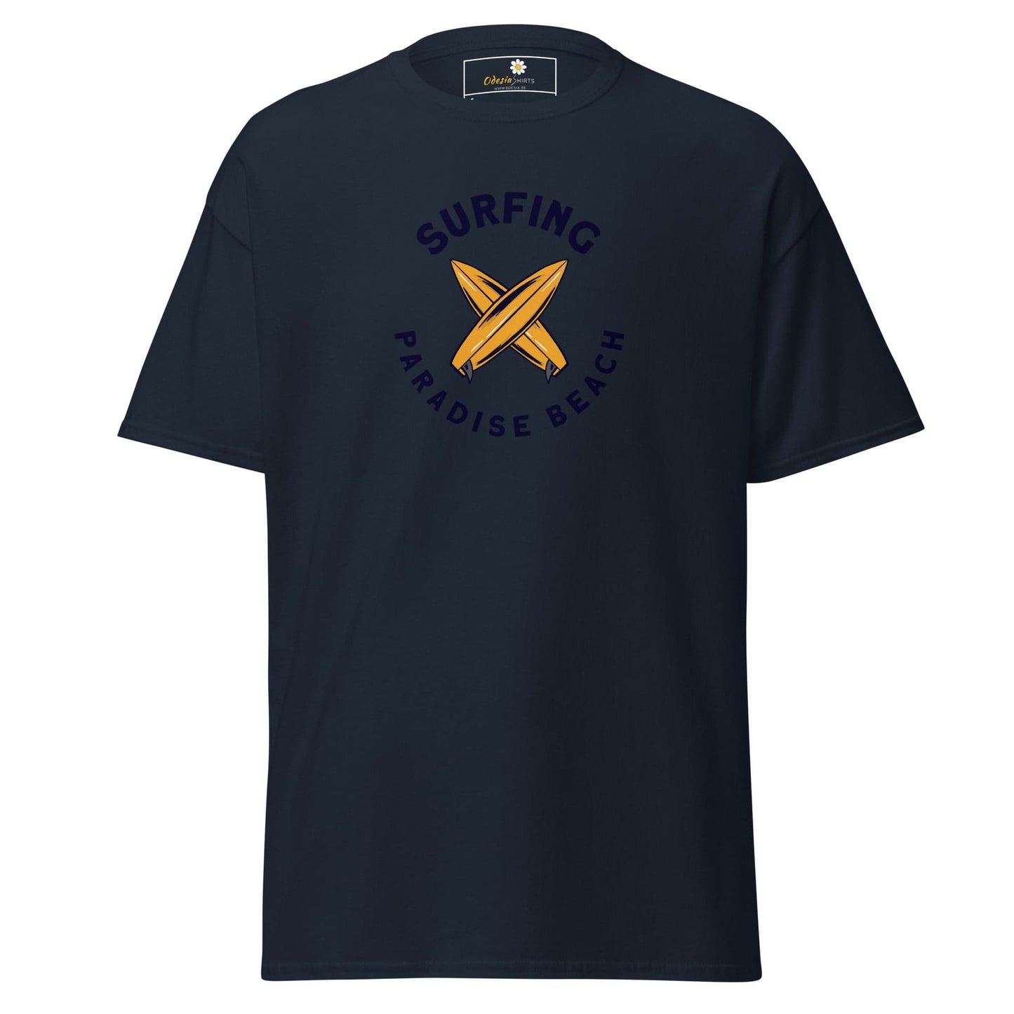 Navy blue T-shirt with surfing design for men and women in sizes S to XL