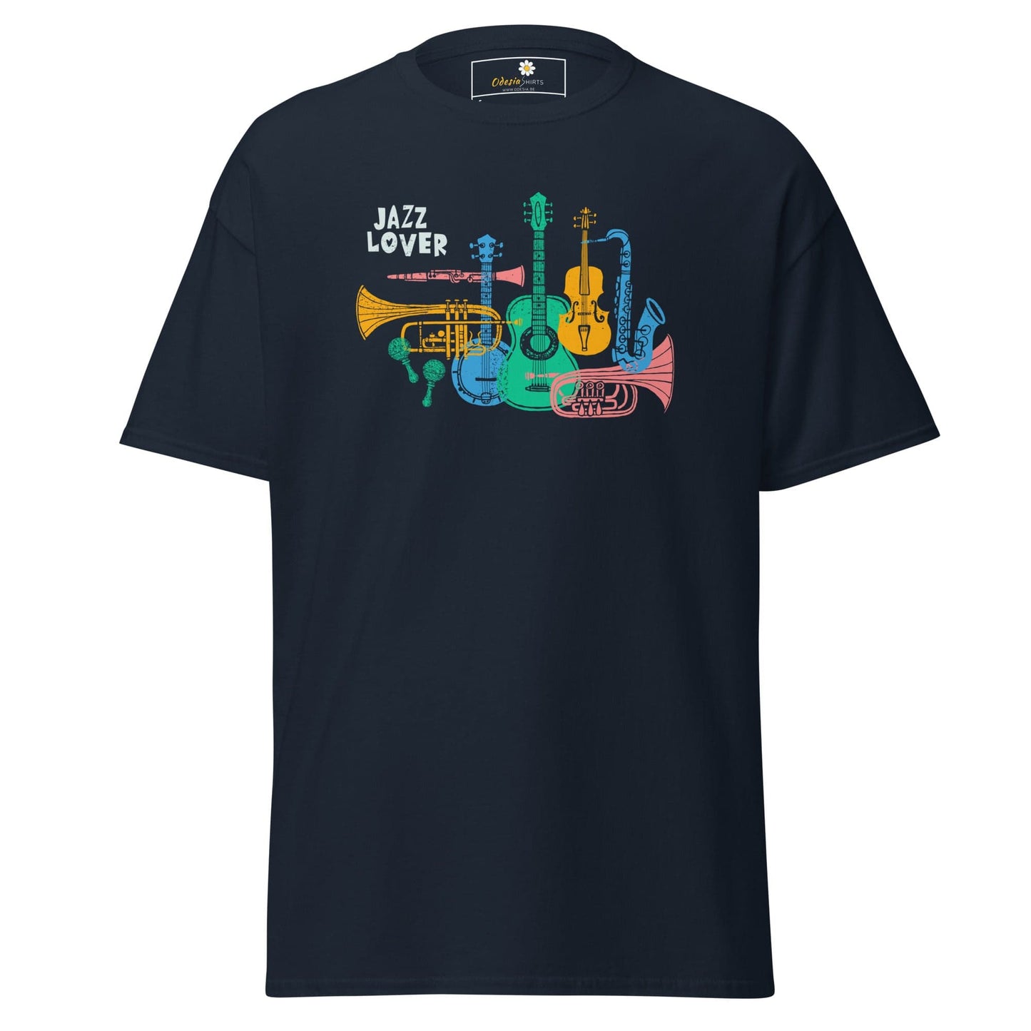 Navy blue T-shirt with jazz instrument graphic for men and women, available in sizes S to XL