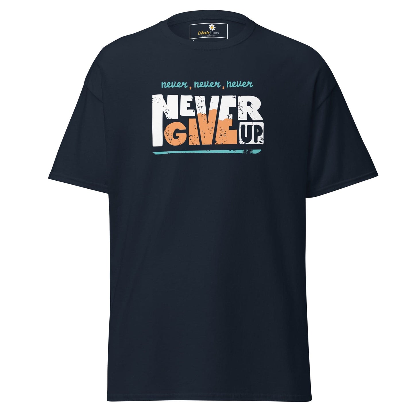Dark blue T-shirt with Never Give Up graphic for men and women in S to XL sizes