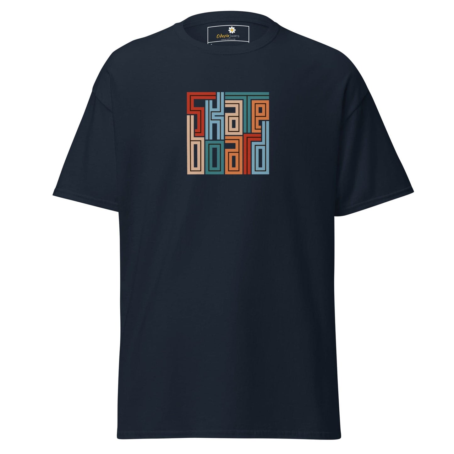 Navy blue T-shirt with colorful graphic design for men and women in sizes S to XL