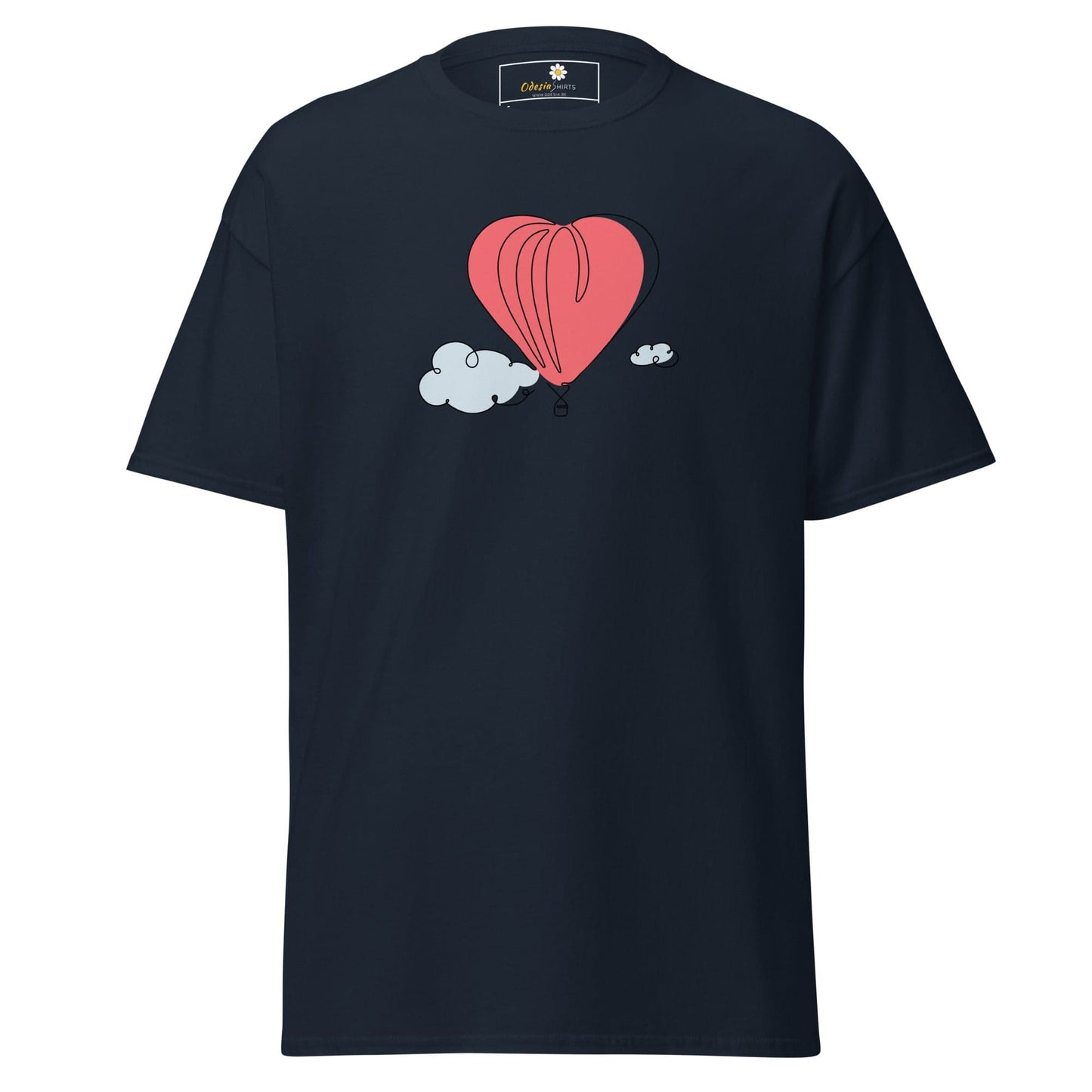 Navy T-shirt featuring heart balloon graphic for men and women in sizes S to XL