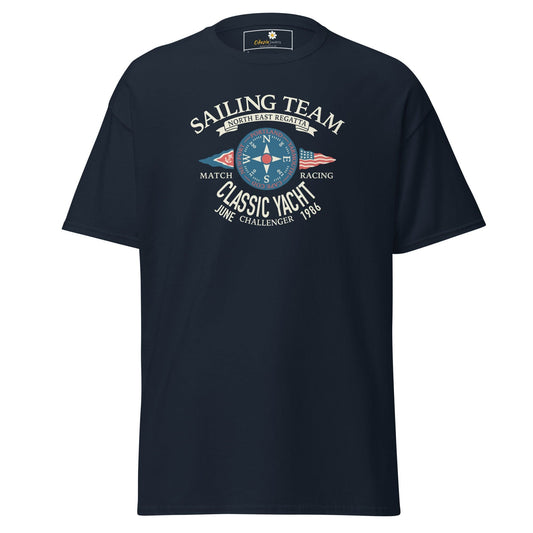 Navy blue t-shirt with sailing team graphic available in S to XL sizes for men and women