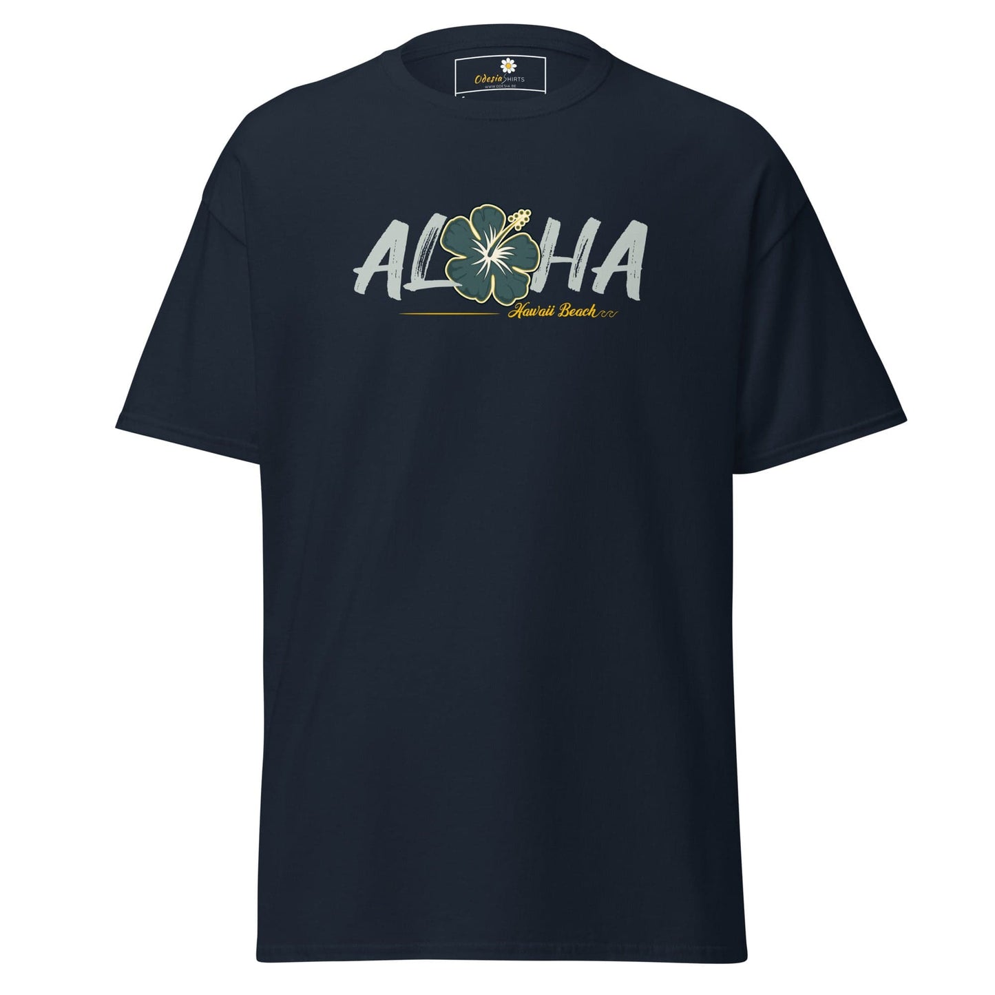 Navy blue T-shirt with Aloha graphic for men and women available in sizes S to XL