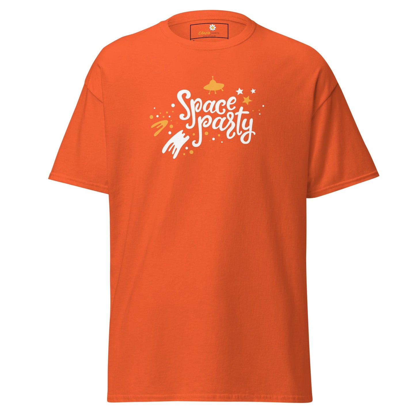 Orange T-shirt with space party design for Men and Women, available in S to XL sizes