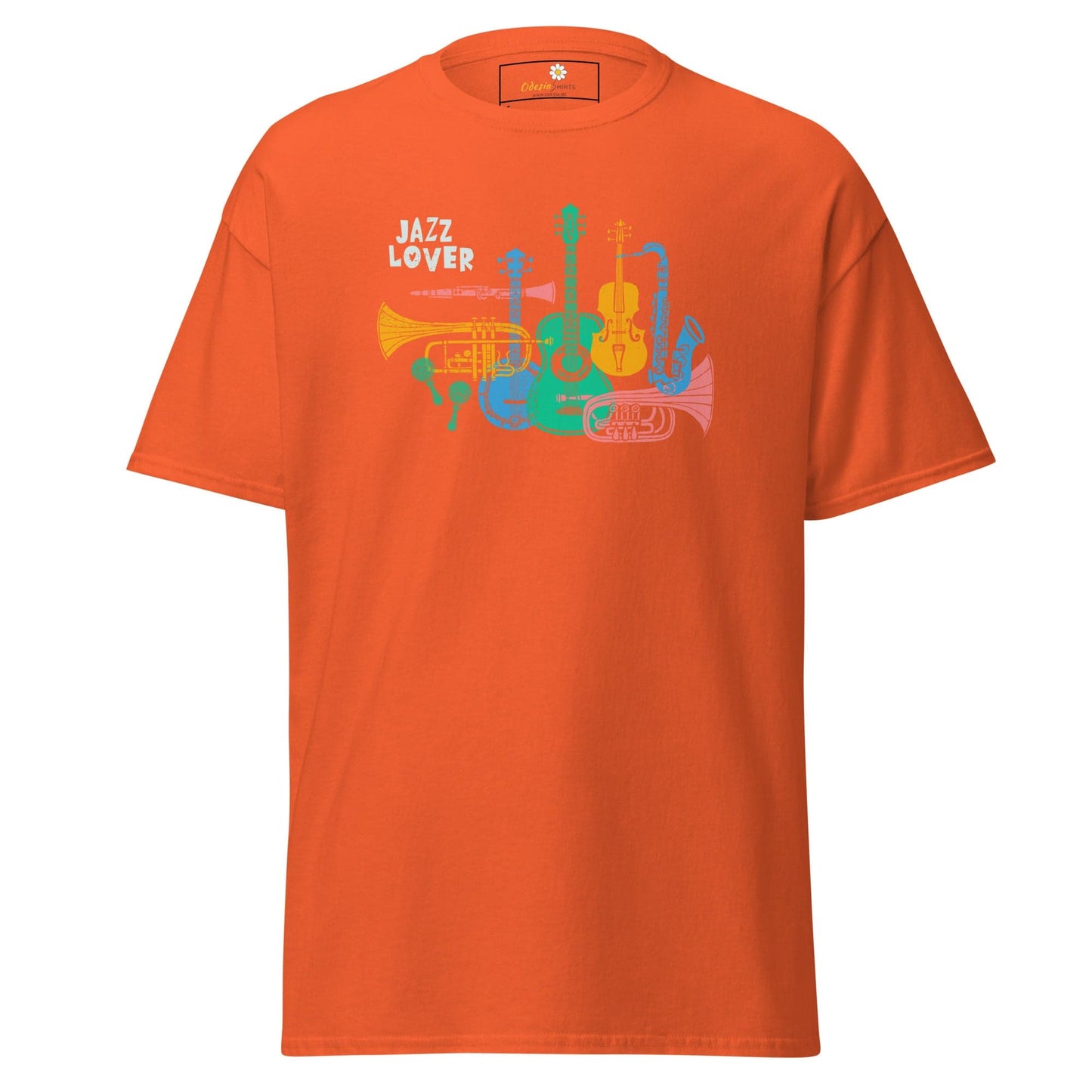 Orange T-shirt with jazz instrument graphic for men and women, available in sizes S to XL