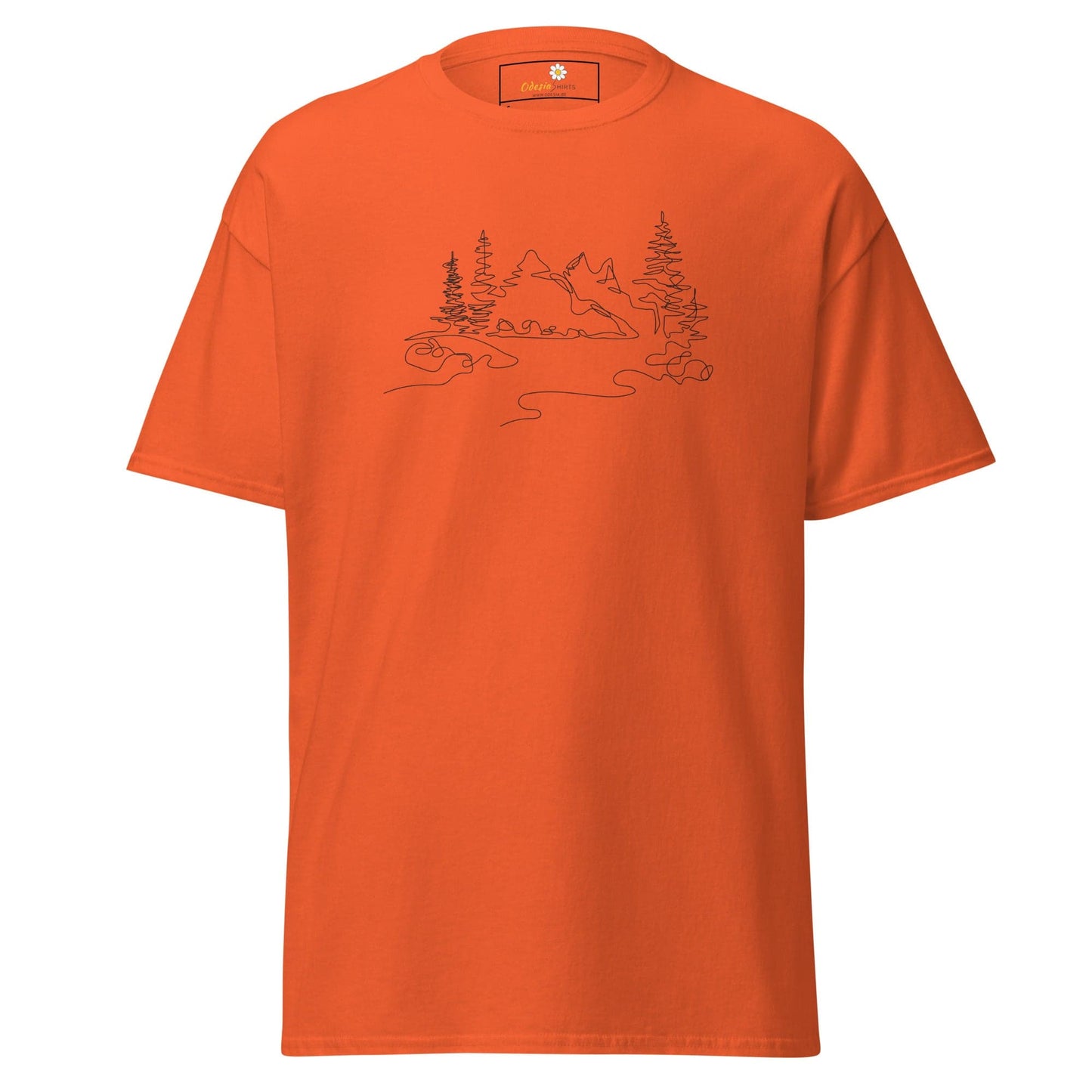Orange T-Shirt with Mountain and Tree Line Art for Men and Women in Sizes S to XL