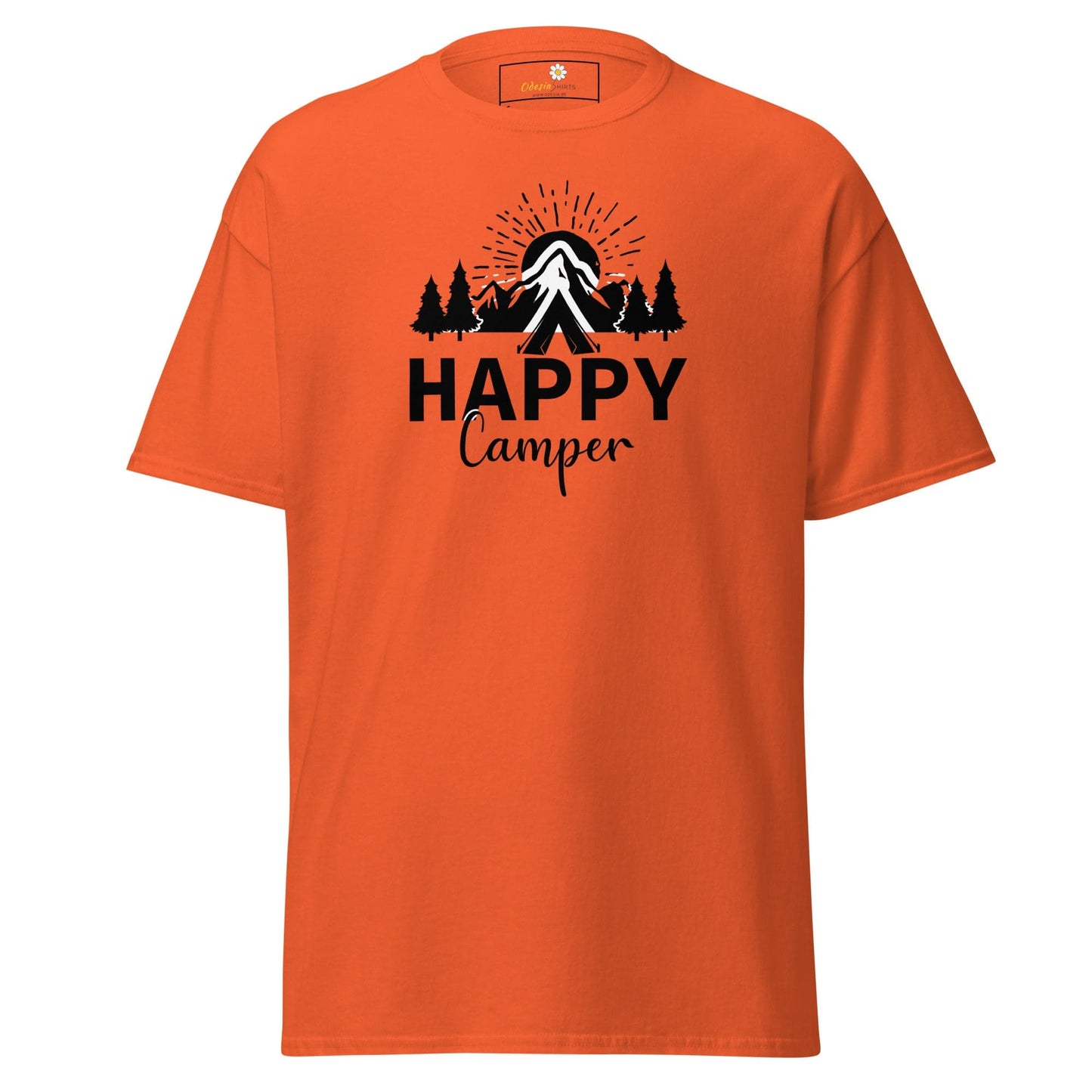 Orange T-shirt with camping graphic, suitable for men and women, available in sizes S to XL