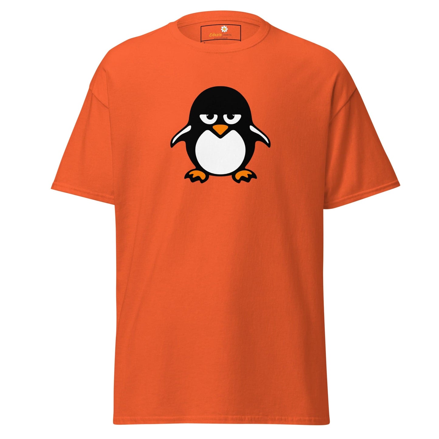 Orange T-shirt featuring a cartoon Penguin design suitable for men and women sizes S to XL