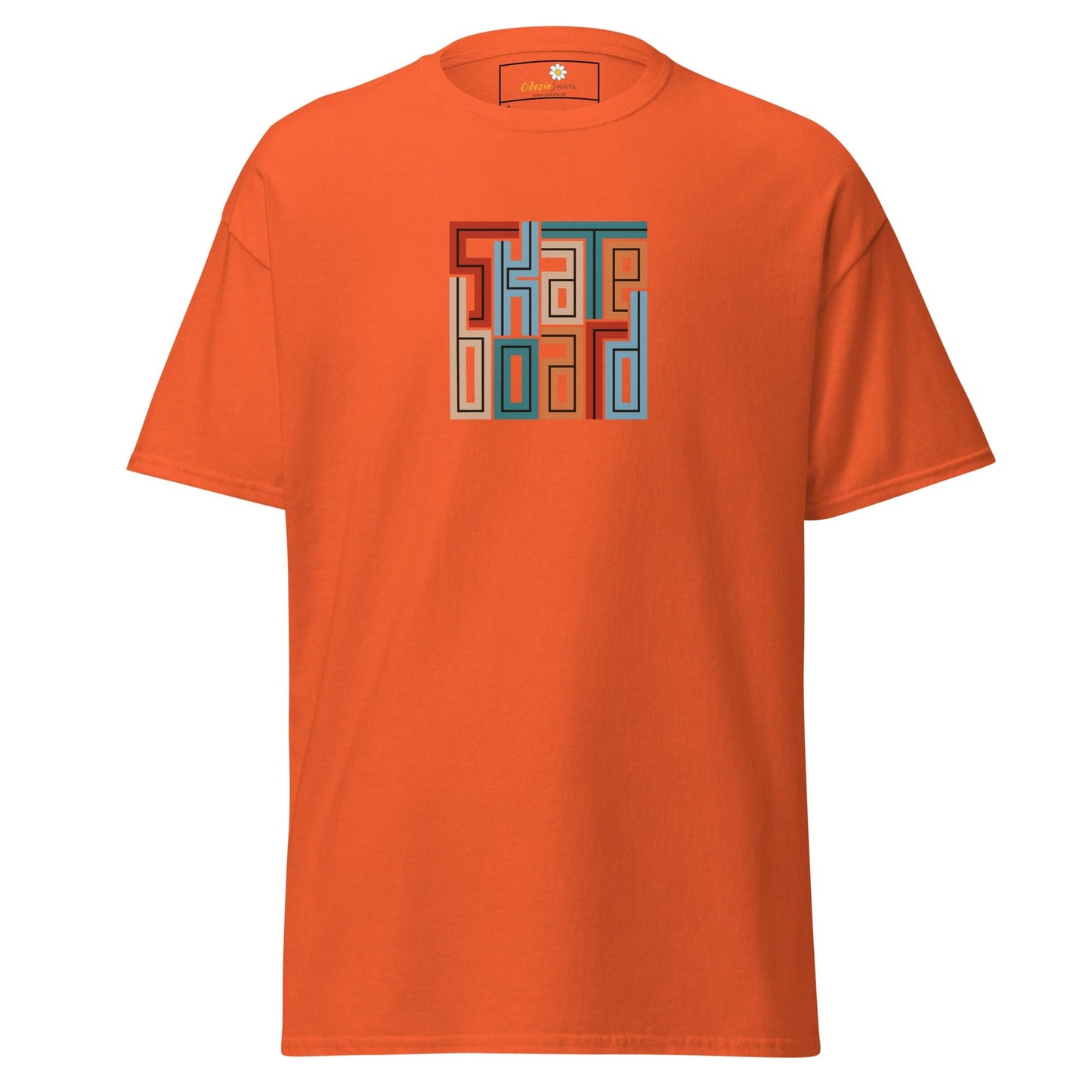 Orange T-shirt with SKATEBOARD graphic for men and women in sizes S to XL