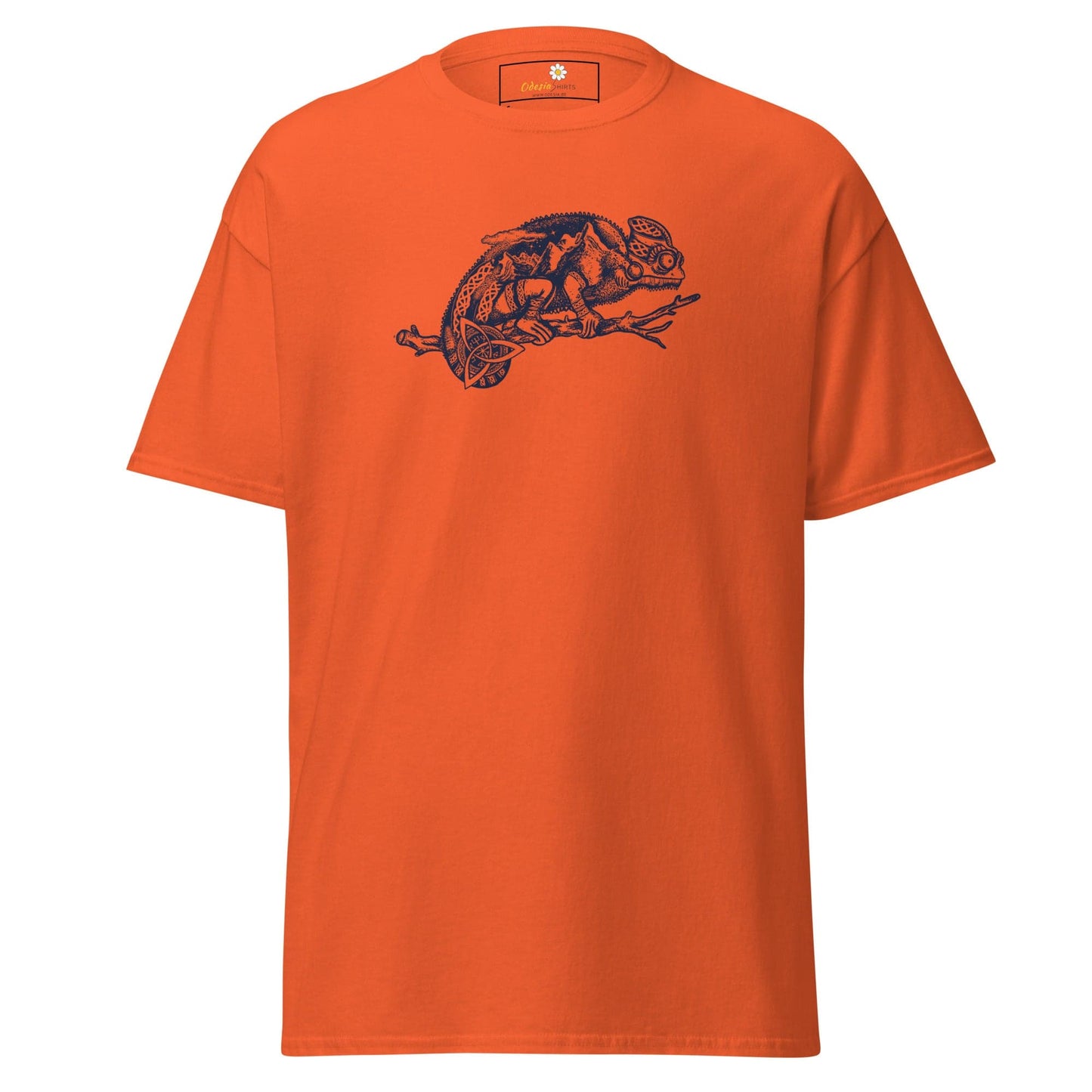 Orange T-shirt with chameleon graphic for men and women in sizes S to XL