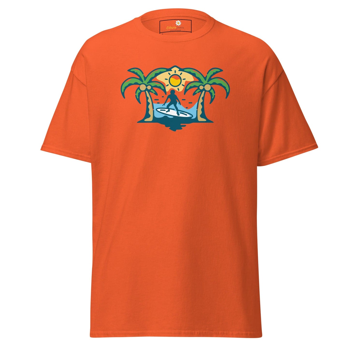 Orange T-shirt with surfer graphic garment for men and women available in sizes S to XL