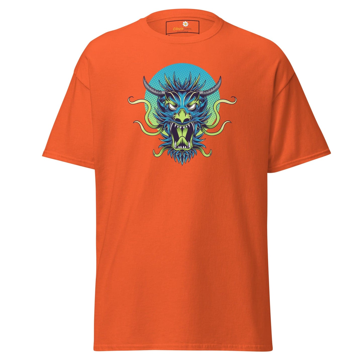 Orange T-shirt with a dragon graphic for men and women in sizes S to XL