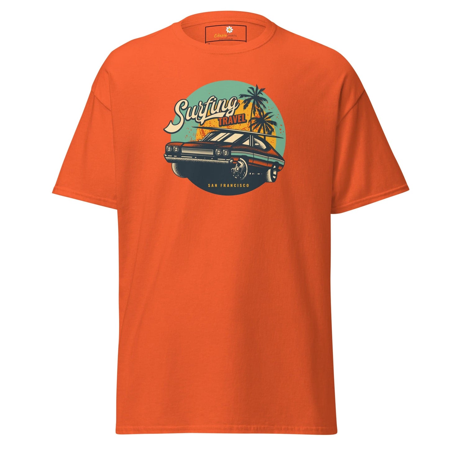 Orange t-shirt with a car graphic from T-SHIRT DESIGN TEE for men and women in sizes S to XL