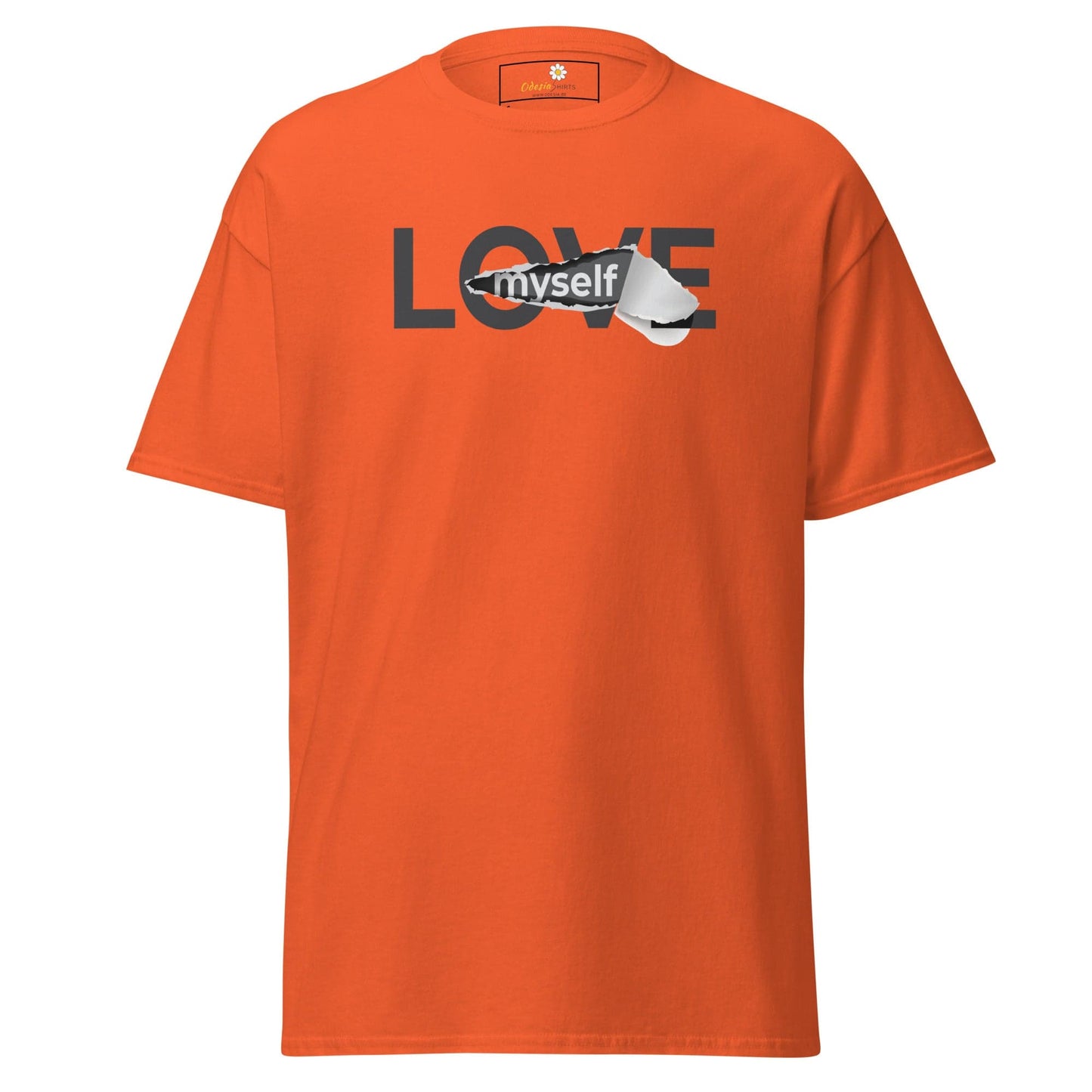Orange T-shirt with LOVE and myself graphic for men and women in S to XL sizes